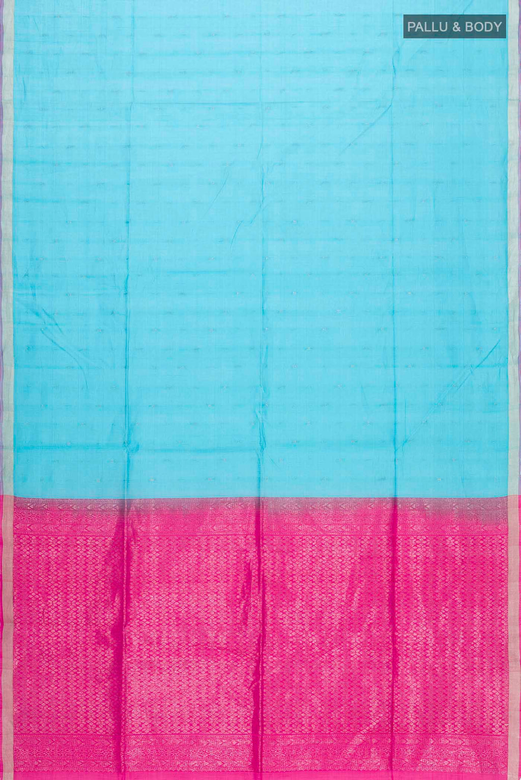 Flat view of Blue Silk Cotton Saree with Zari Butta on the body and Zari Border