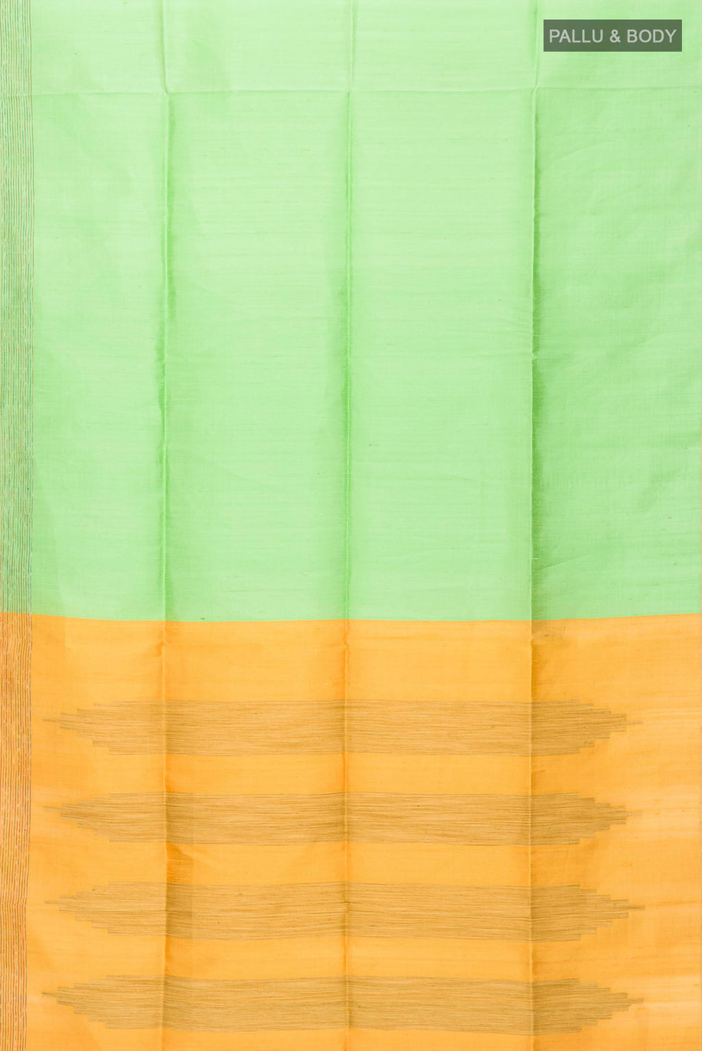 Flat view of Pista Green Raw Silk Saree with Plain Body and Thread Border