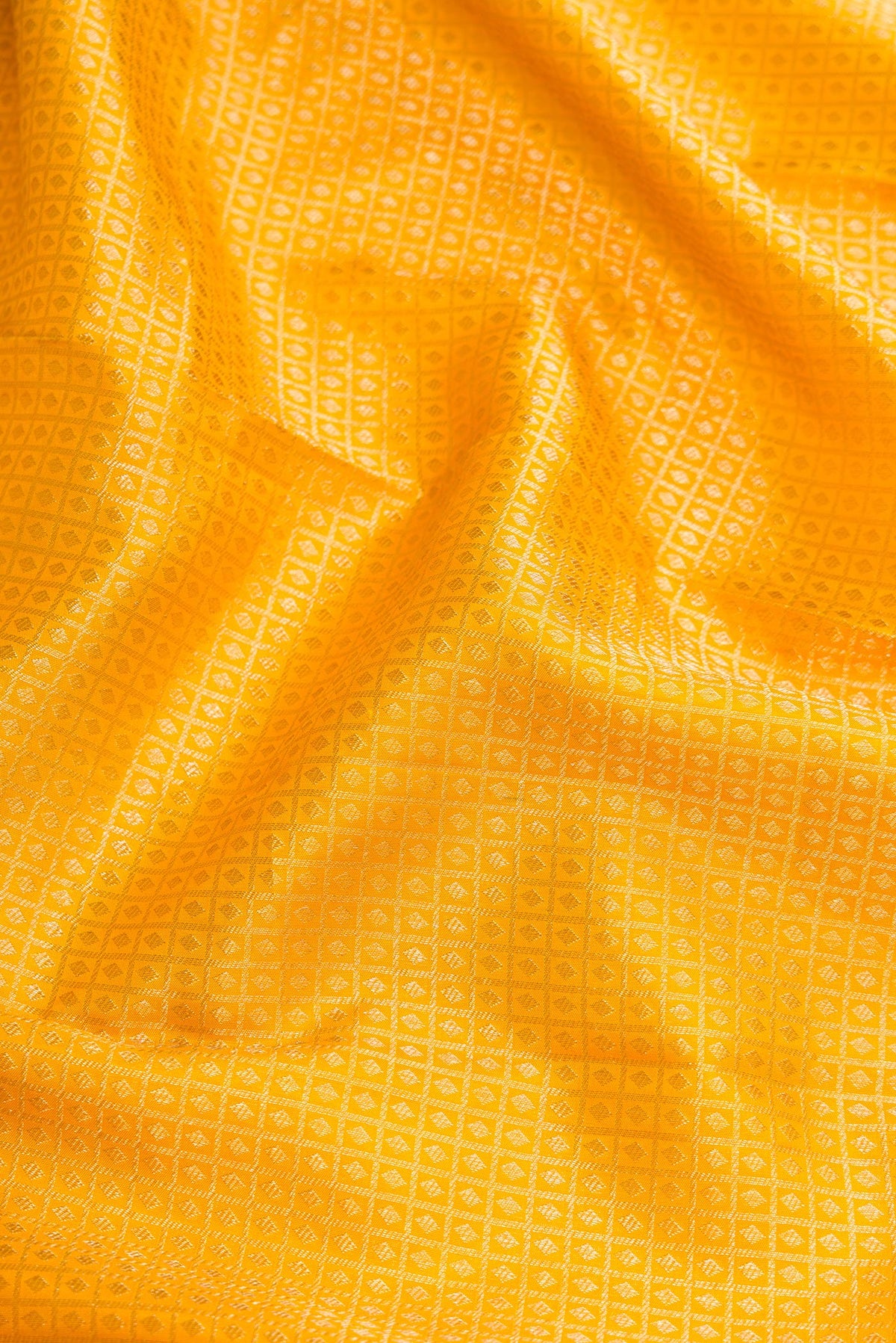 Close up of Mustard Dual Tone Kanjivaram Silk Saree with Zari Brocade on the body and Zari Border.  displaying folds
