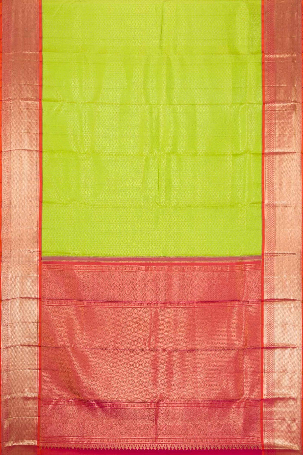 Flat view of Green Dual Tone Kanchipuram Silk Saree with Zari Brocade on the body and Zari Border. 