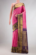 Pink Dual Tone Kanjivaram Silk Saree with Checked design on the body and Zari Border.  displayed on a mannequin