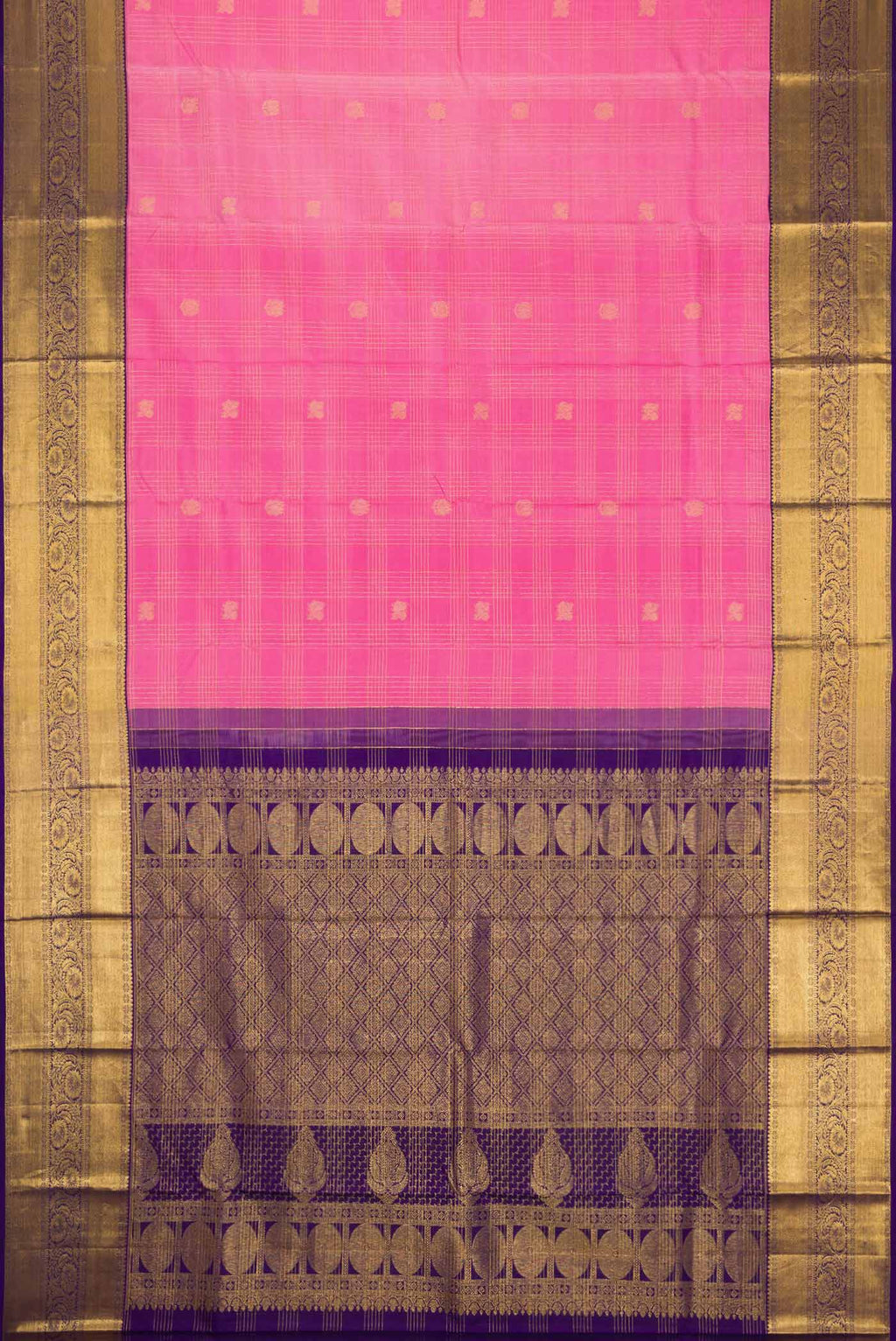 Flat view of Pink Dual Tone Kanjivaram Silk Saree with Checked design on the body and Zari Border. 