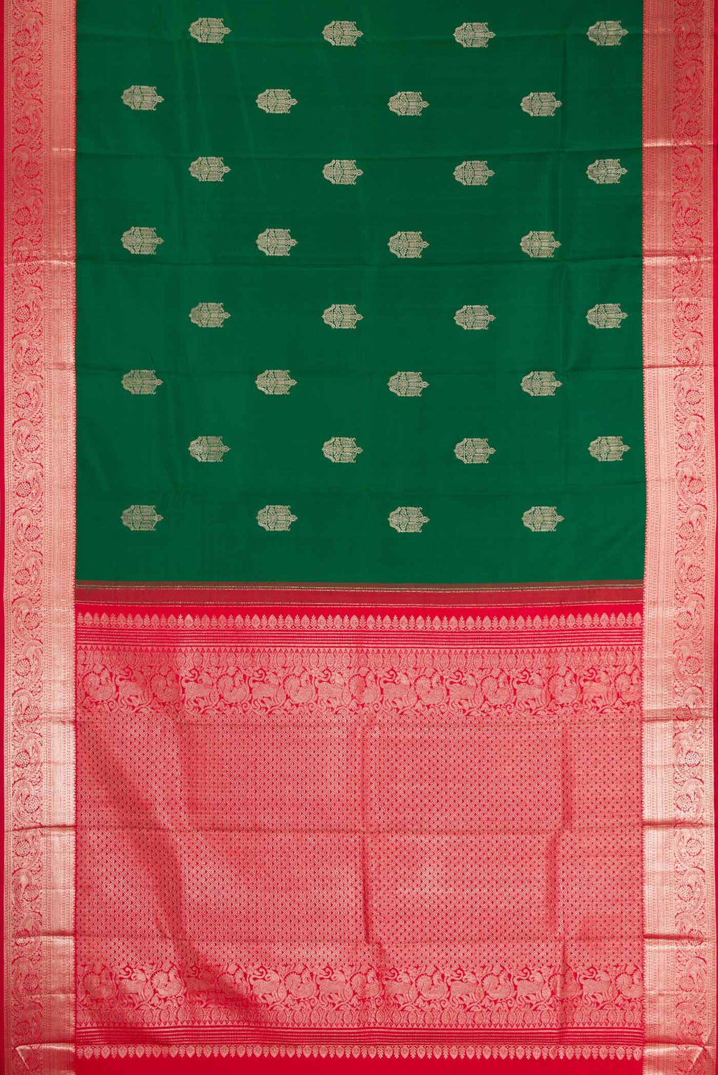 Flat view of Green Dual Tone Kanchipuram Silk Saree with Zari Butta on the body and Zari Border