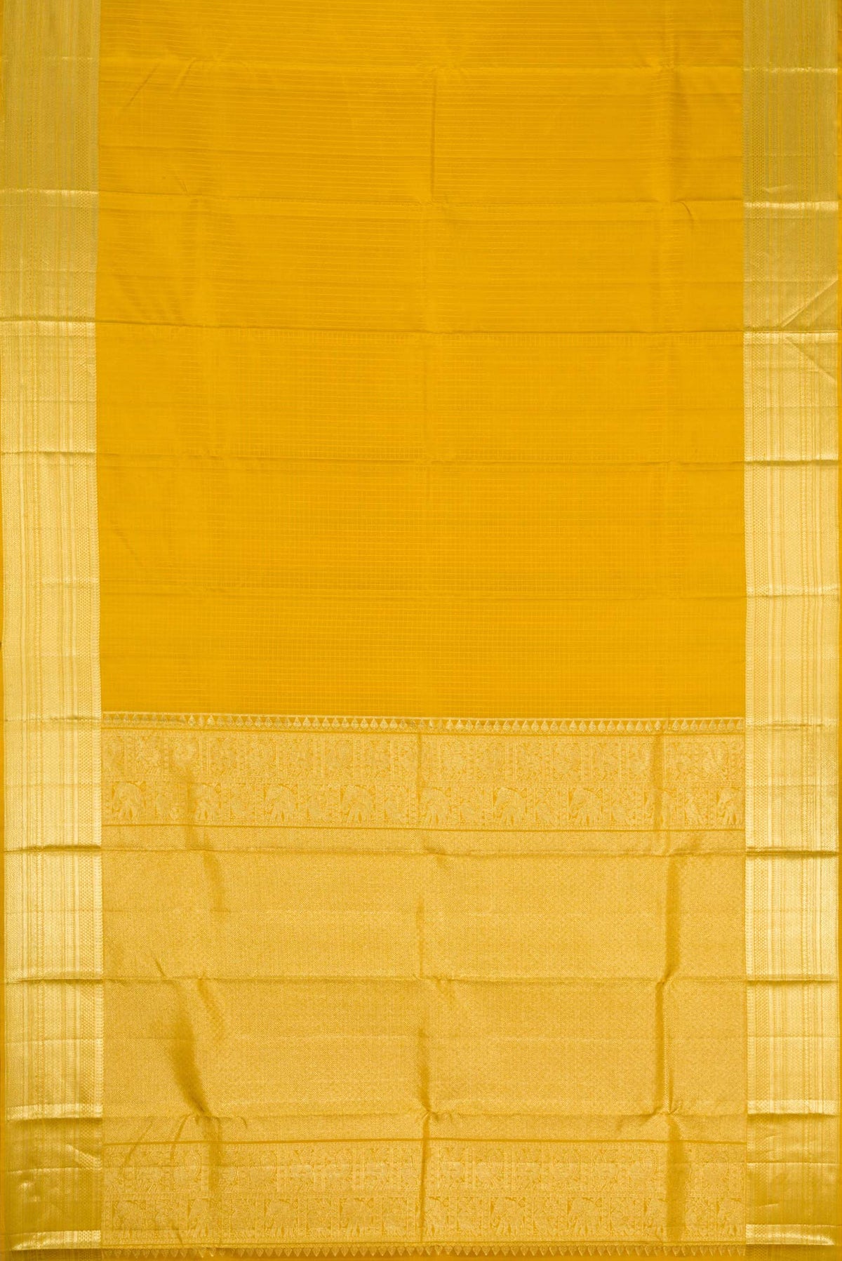 Flat view of Mustard Dual Tone Kanchipuram Silk Saree with Zari Butta on the body and Zari Border
