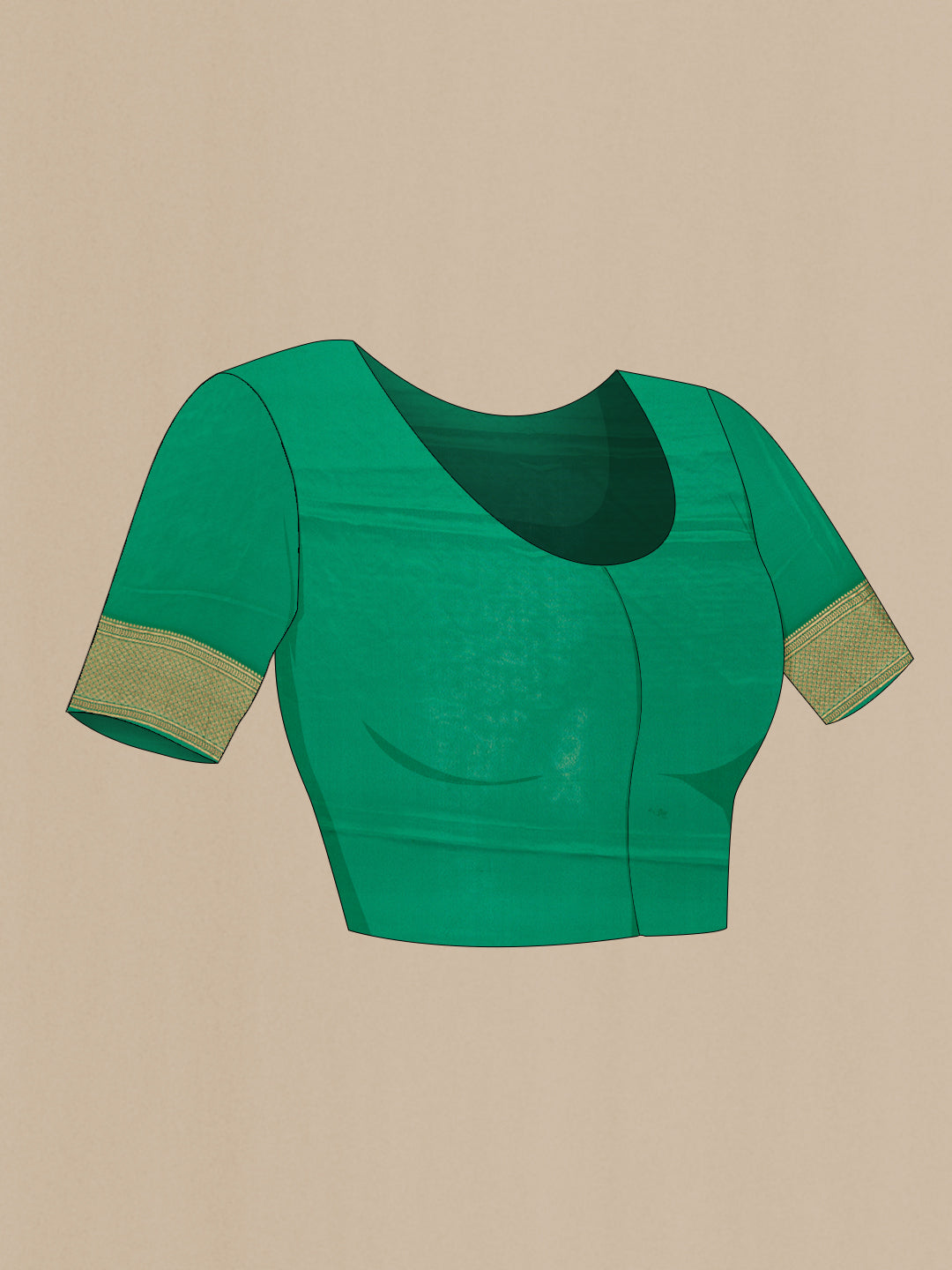 Close up image of the blouse of Bottle Green Dual Tone Banarasi Georgette Saree with Stripes on the body and Zari Border. 