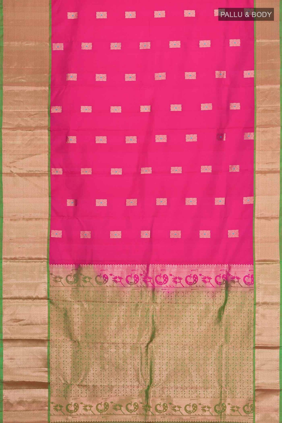 Flat view of Pink Kanchipuram Silk Saree with Zari Butta on the body and Zari Border