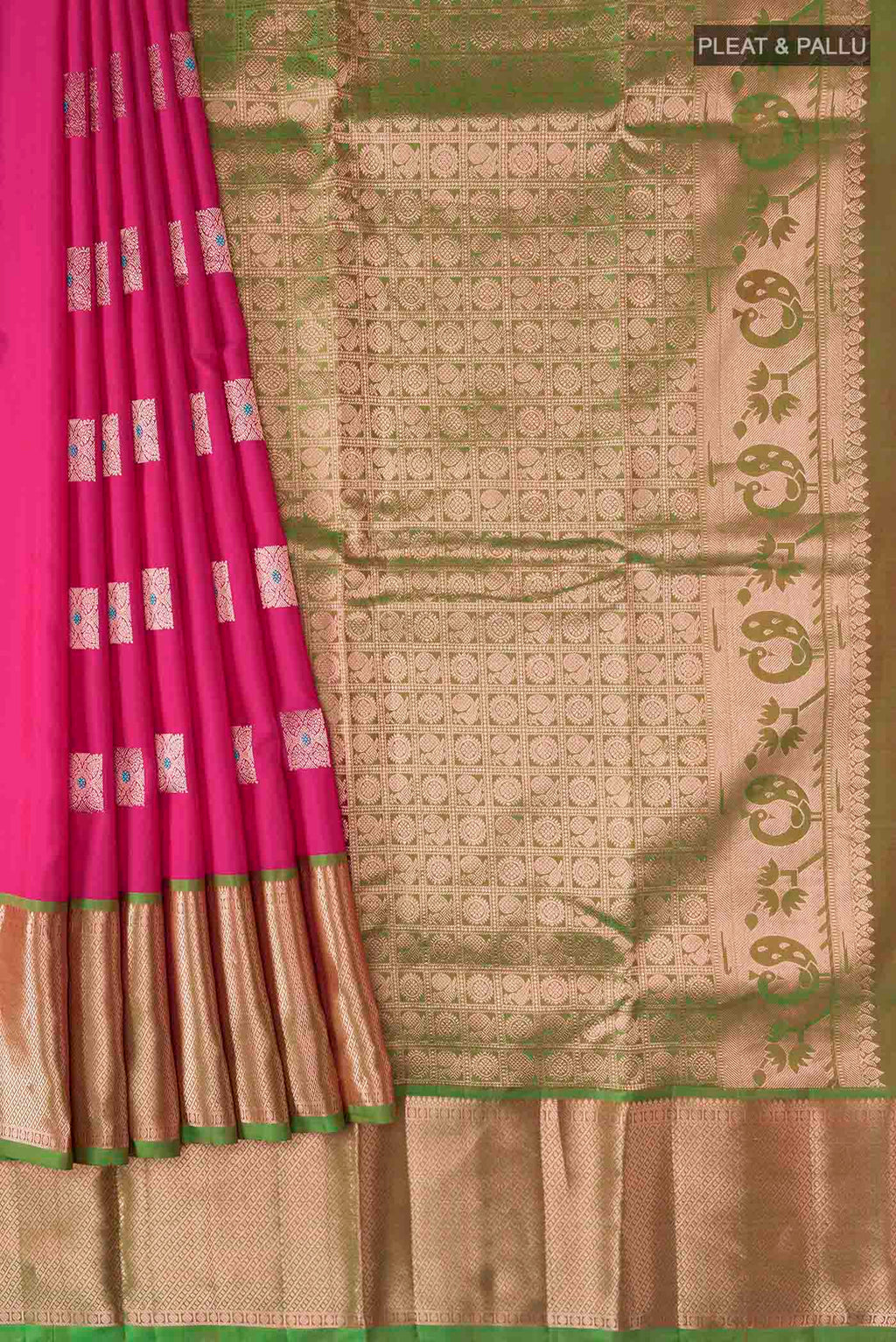 Pleats and pallu of Pink Kanchipuram Silk Saree with Zari Butta on the body and Zari Border