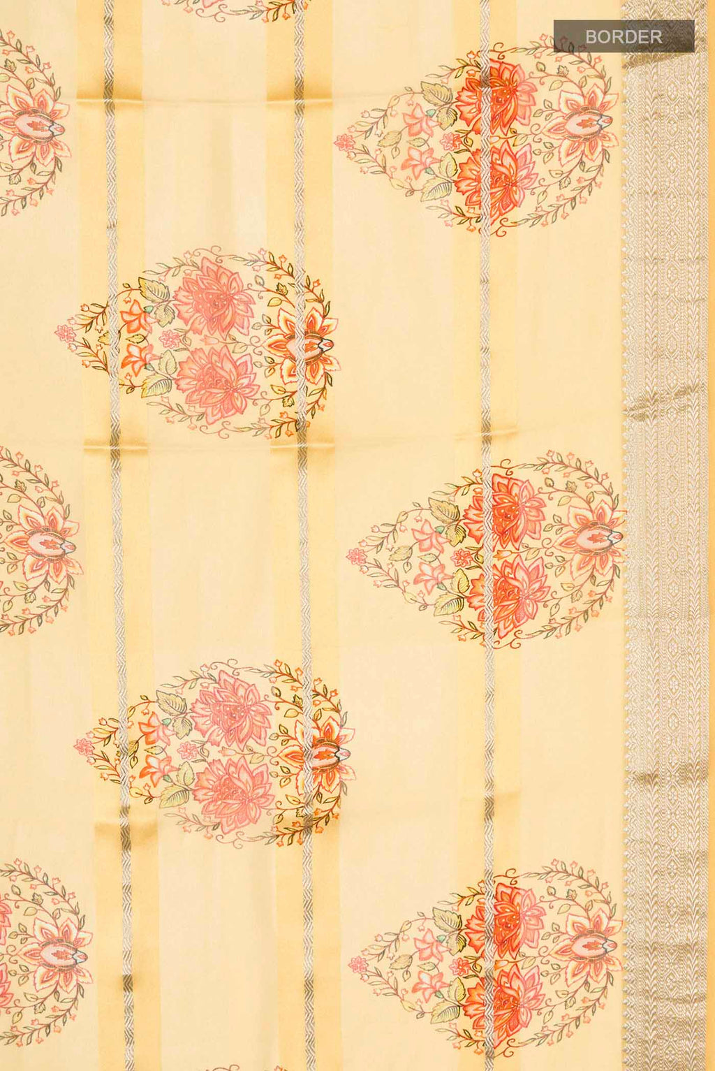 Border image of Yellow Mysore Georgette Saree Printed design on the body and Zari Border