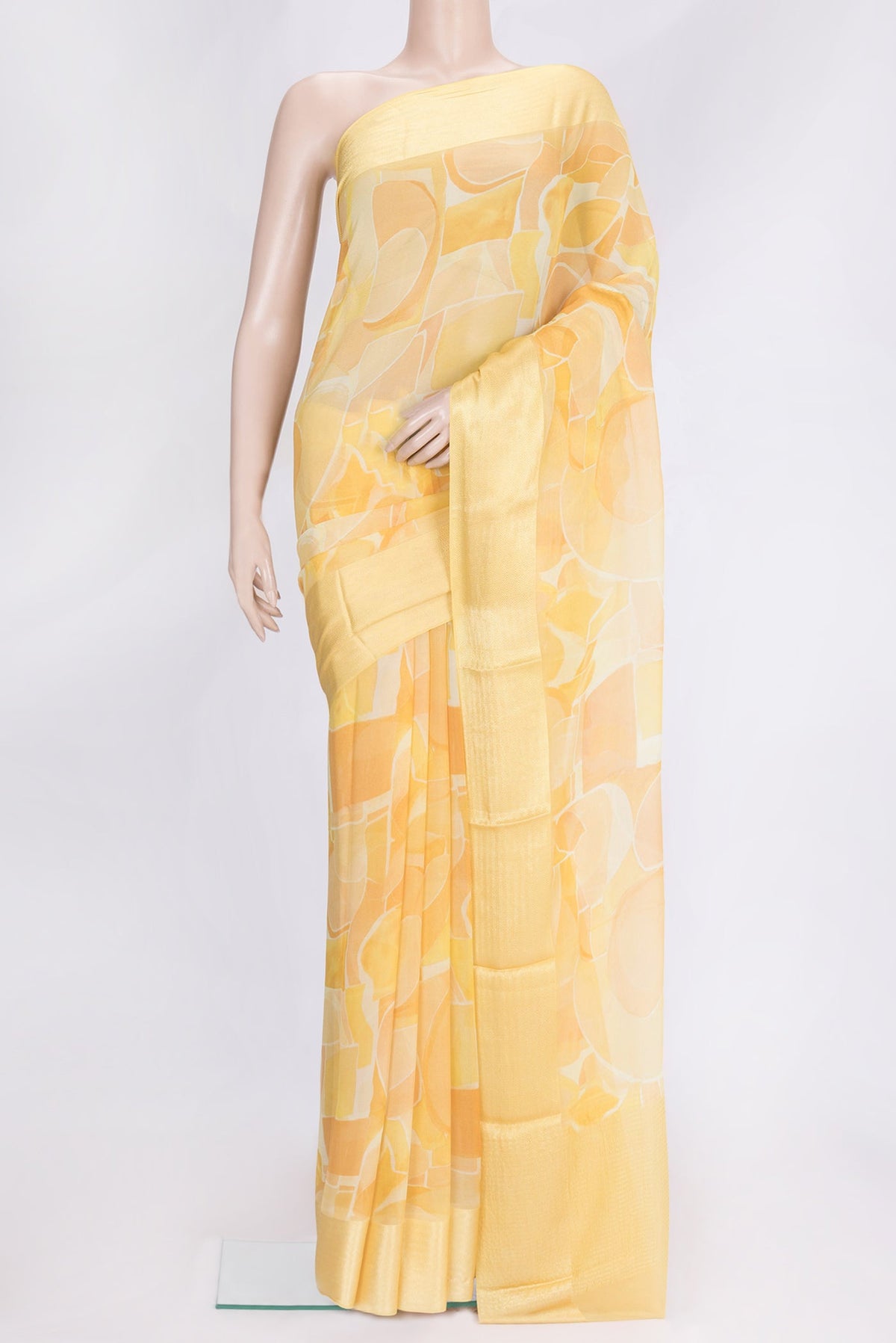 Sandal Dual Tone Mysore Georgette Saree with Printed design on the body and Thread Border.  displayed on a mannequin
