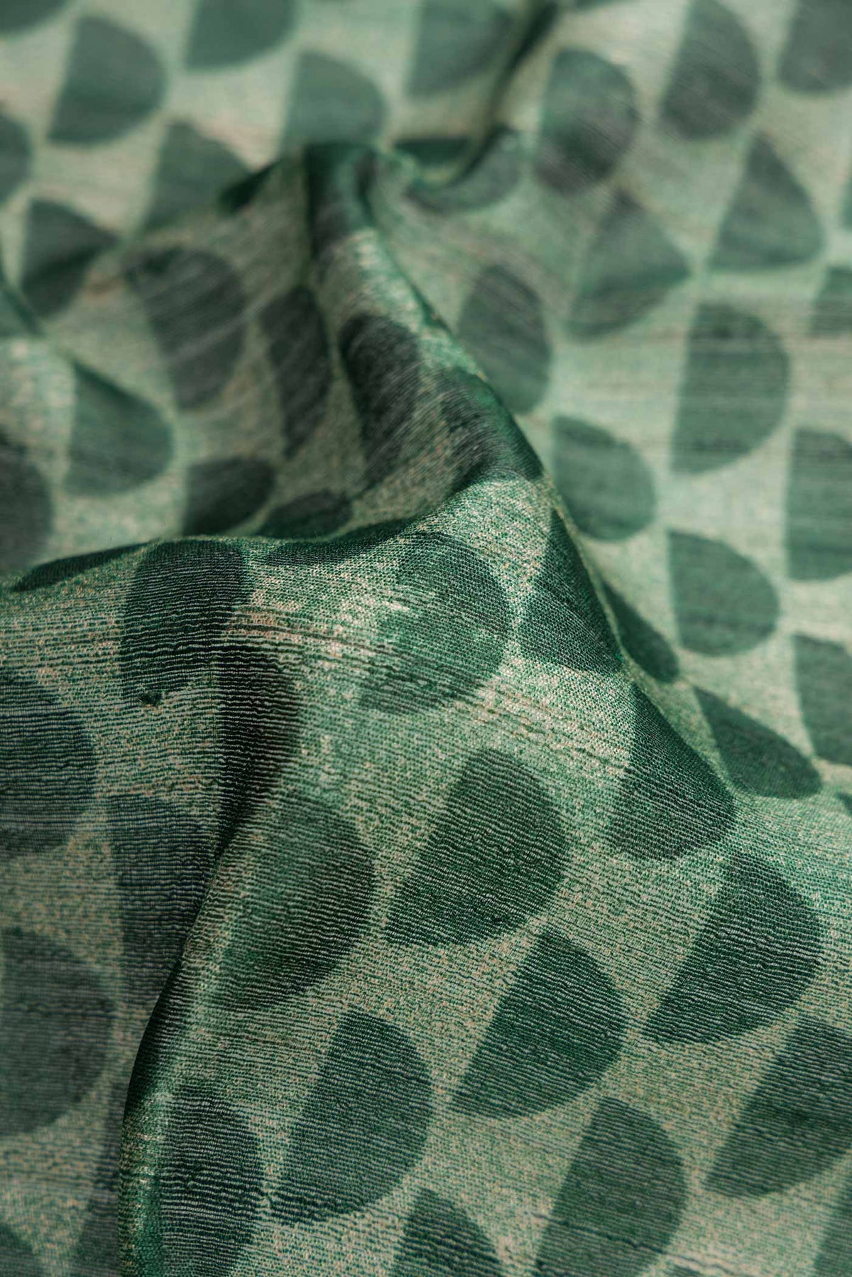 Close up of Green Dual Tone Tussar Silk Saree with Printed design on the body and Embroidery Border.  displaying folds