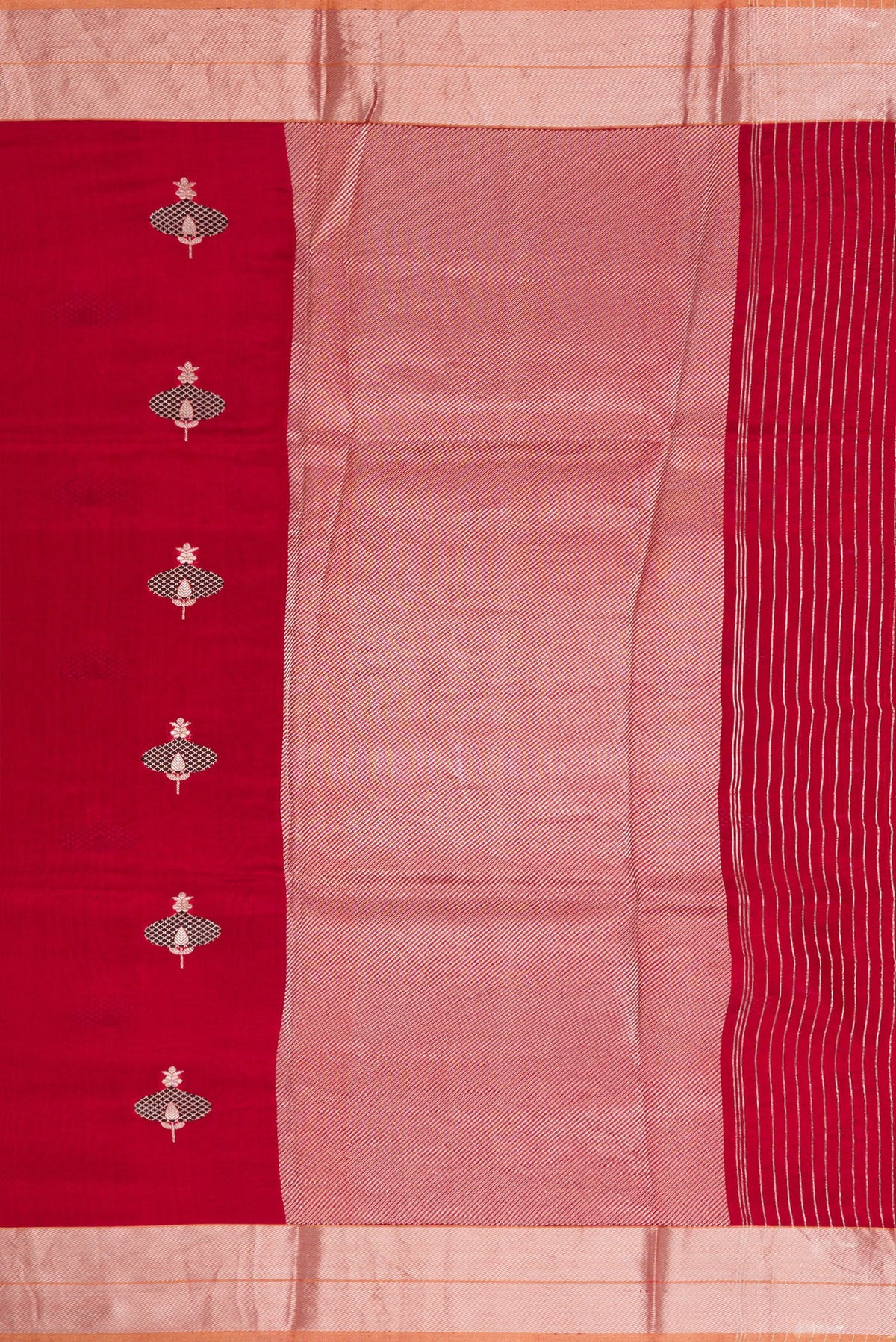 Close up image of the pallu of Burgundy Dual Tone Banarasi Silk Saree with Stripes on the body and Thin Zari Line. 