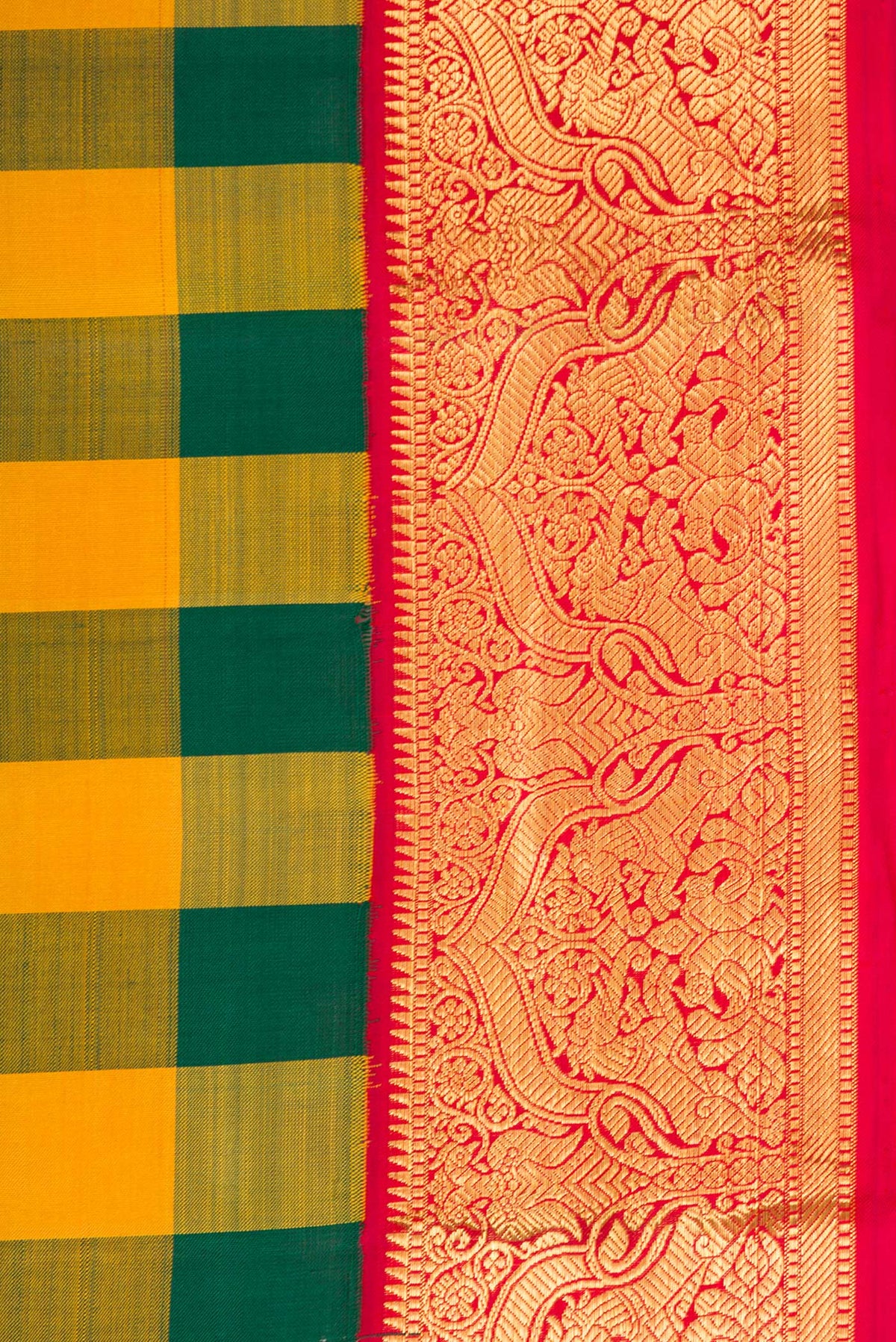 Border image of Pure Silk Pure Zari Green and Mustard Color Kanjivaram Saree with Checked design on the body and Zari Border. 