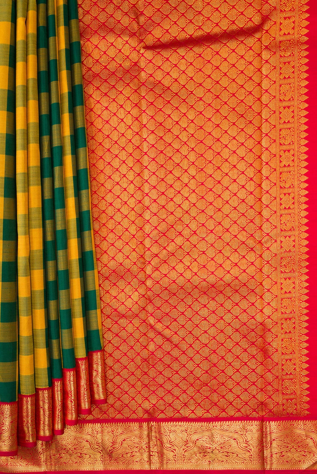 Pleats and pallu of Pure Silk Pure Zari Green and Mustard Color Kanjivaram Saree with Checked design on the body and Zari Border. 