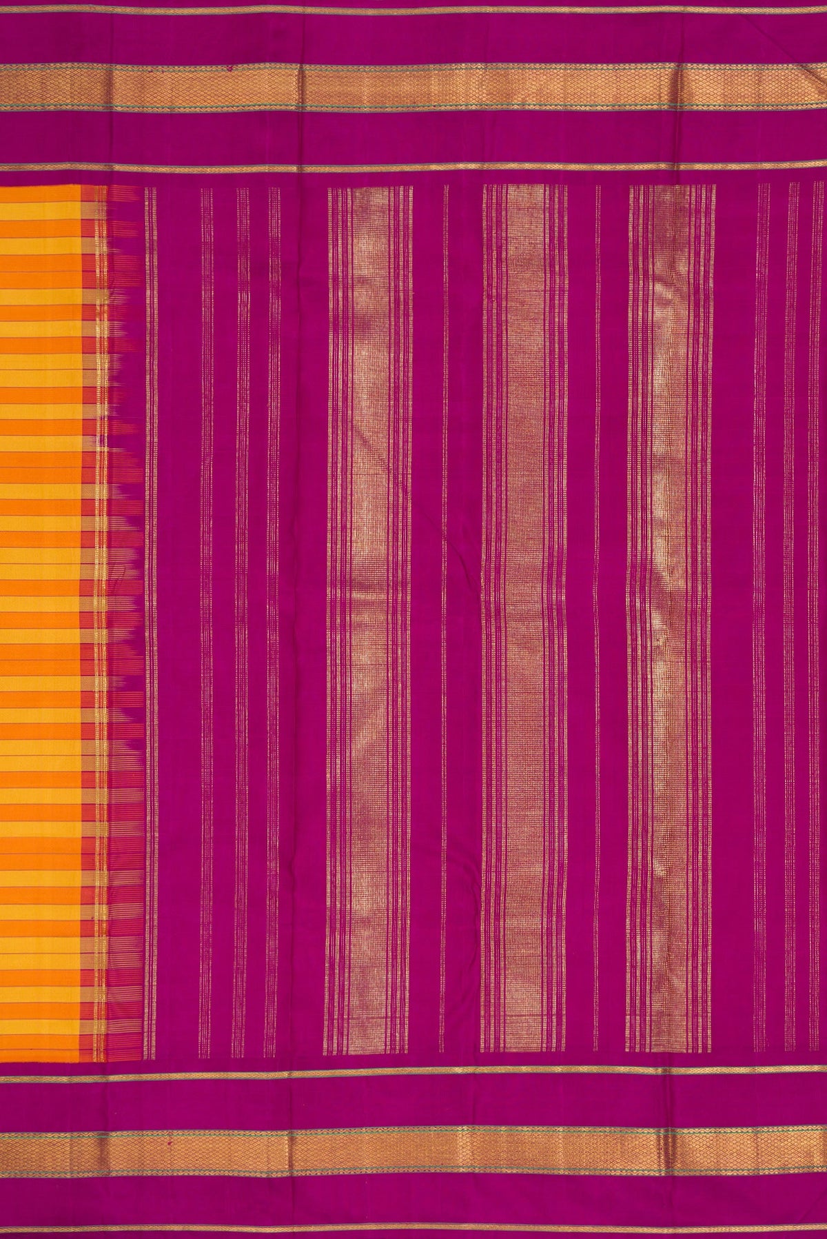 Close up image of the pallu of Mustard and Orange Color Kanjivaram Silk Saree with Stripes on the body and Zari Border. 