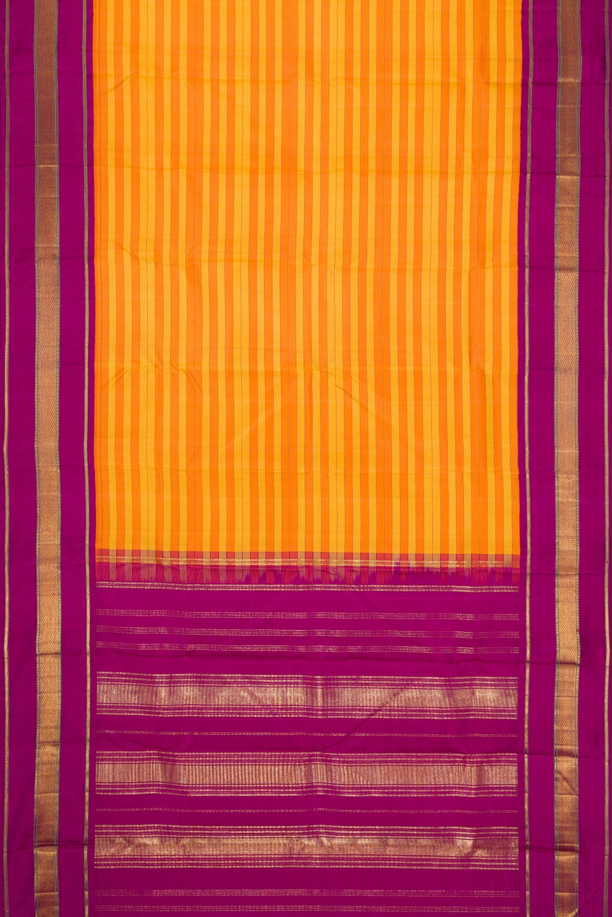 Flat view of Mustard and Orange Color Kanjivaram Silk Saree with Stripes on the body and Zari Border. 