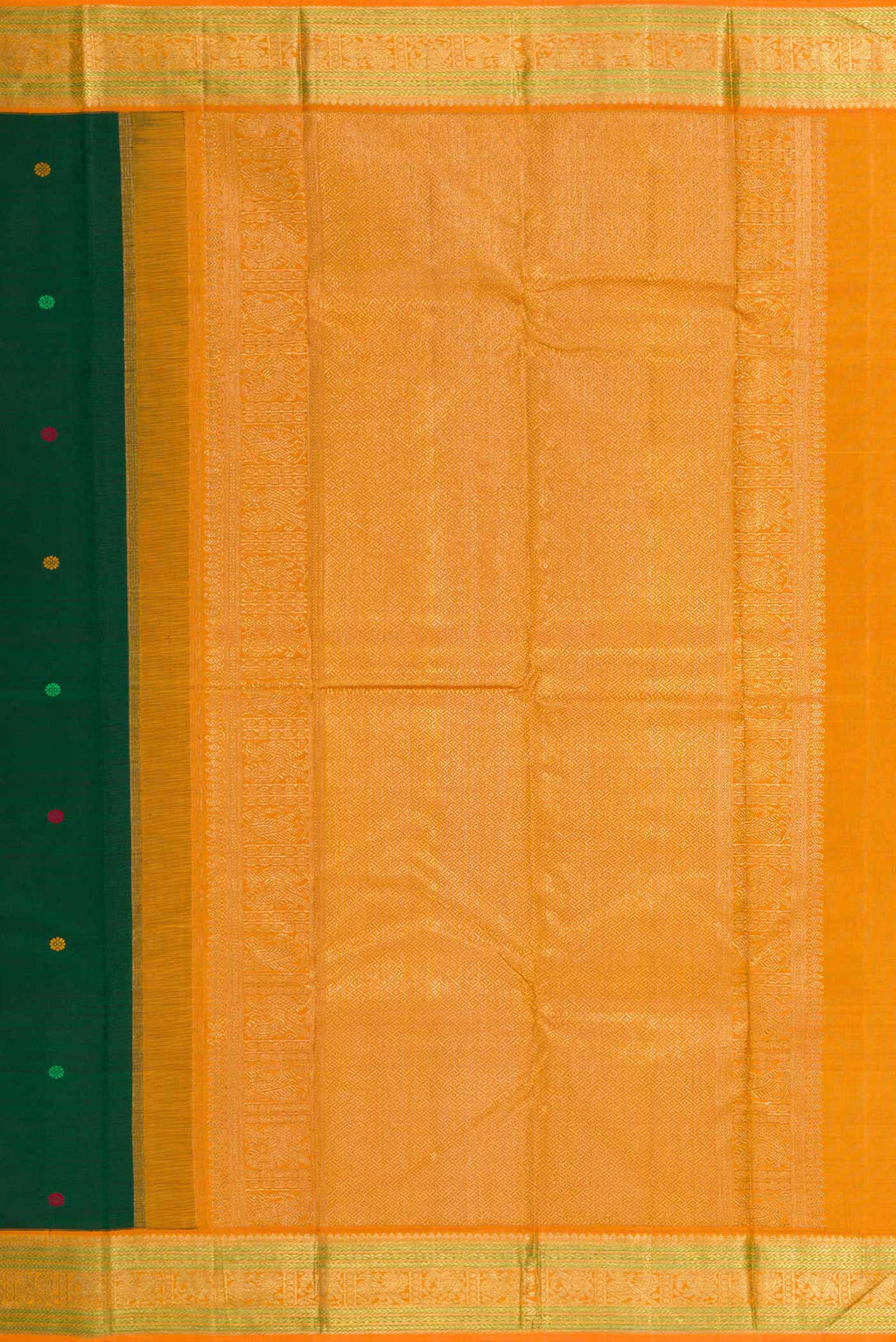 Close up image of the pallu of Bottle Green Dual Tone Kanchipuram Silk Saree with Thread Butta on the body and Zari Border