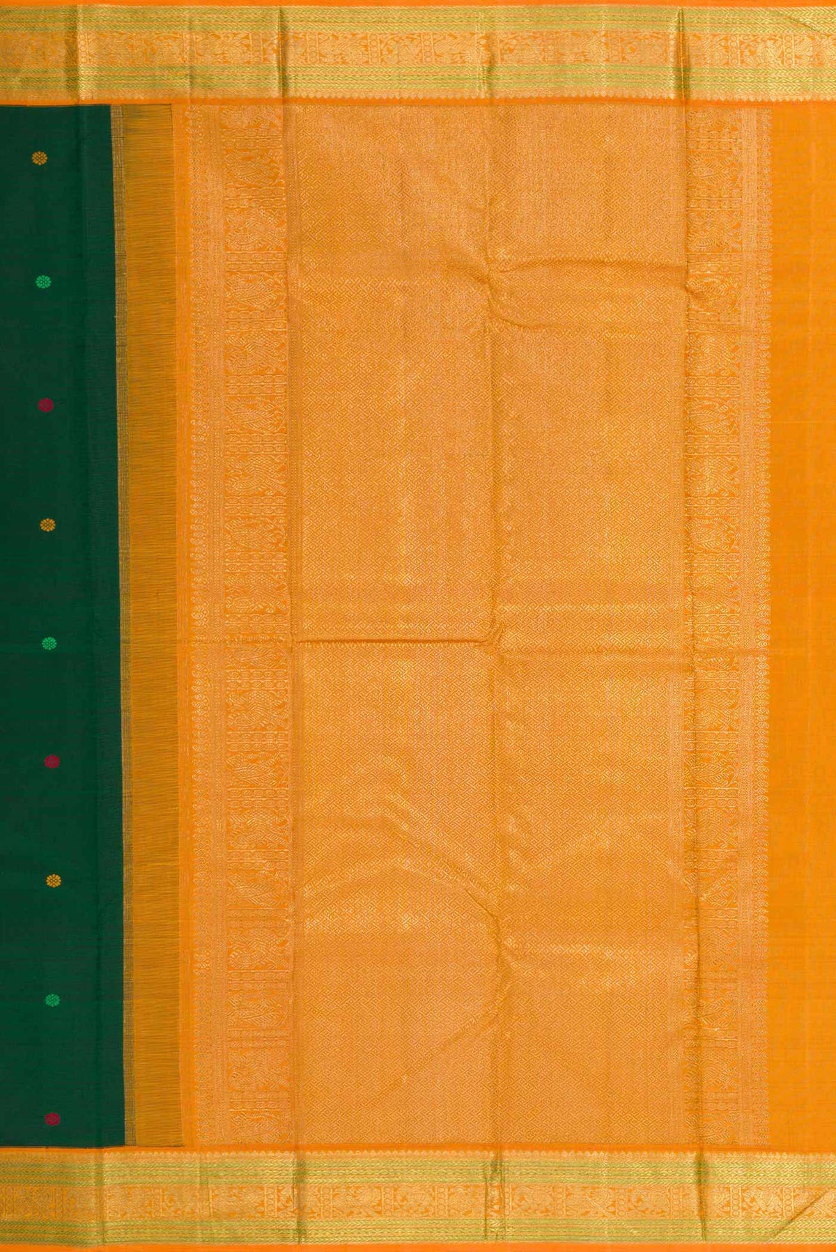 Close up image of the pallu of Bottle Green Dual Tone Kanchipuram Silk Saree with Thread Butta on the body and Zari Border