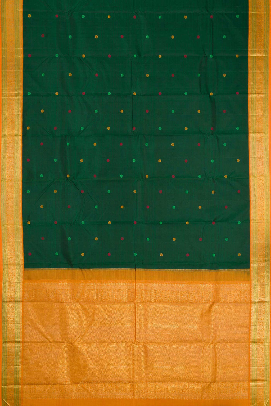 Flat view of Bottle Green Dual Tone Kanchipuram Silk Saree with Thread Butta on the body and Zari Border
