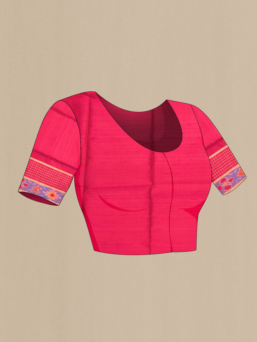 Close up image of the blouse of Sandal Dual Tone Raw Silk Saree with Plain Body and Ikat Border. 