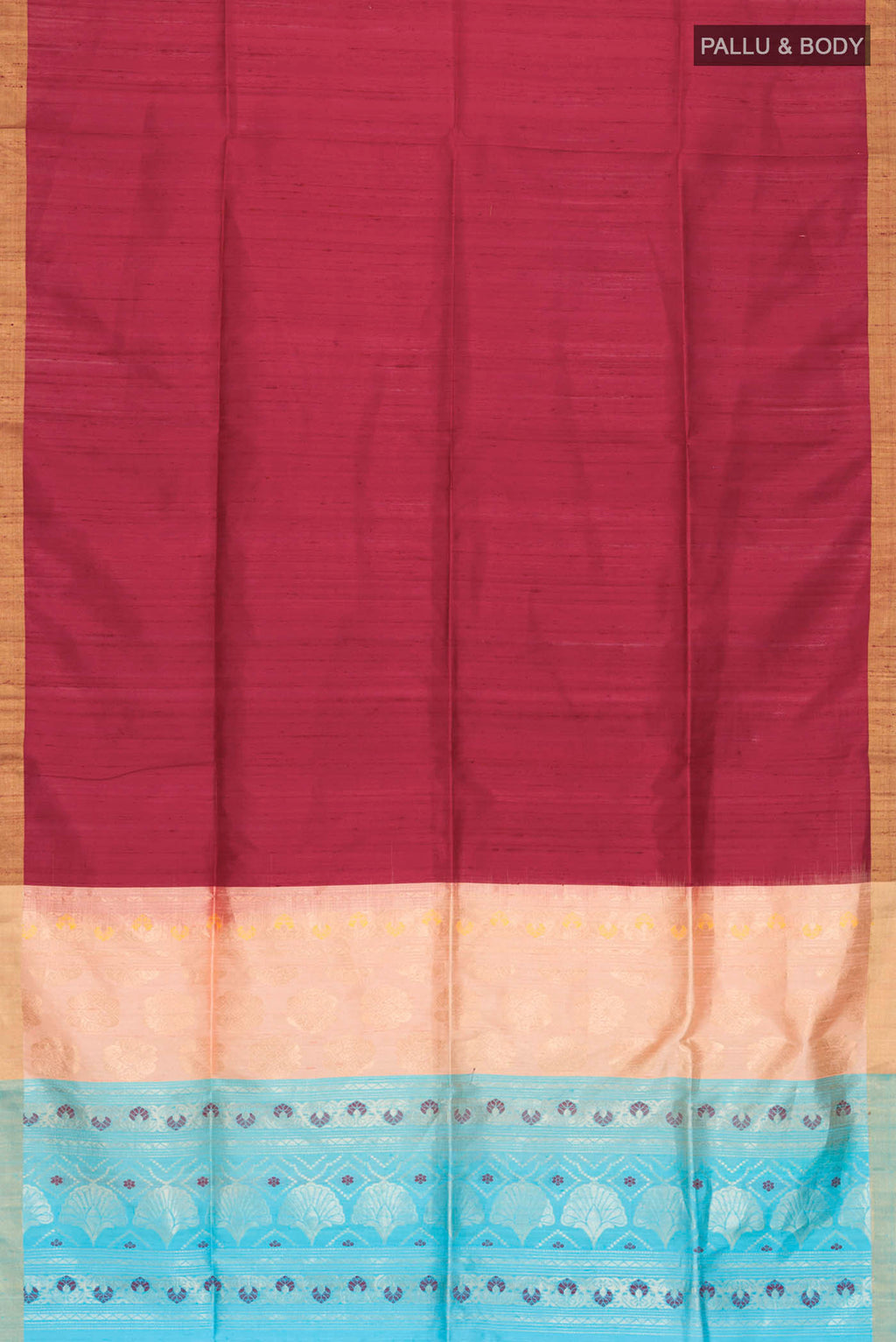 Flat view of Maroon Raw Silk Saree with Plain Body and Zari Border