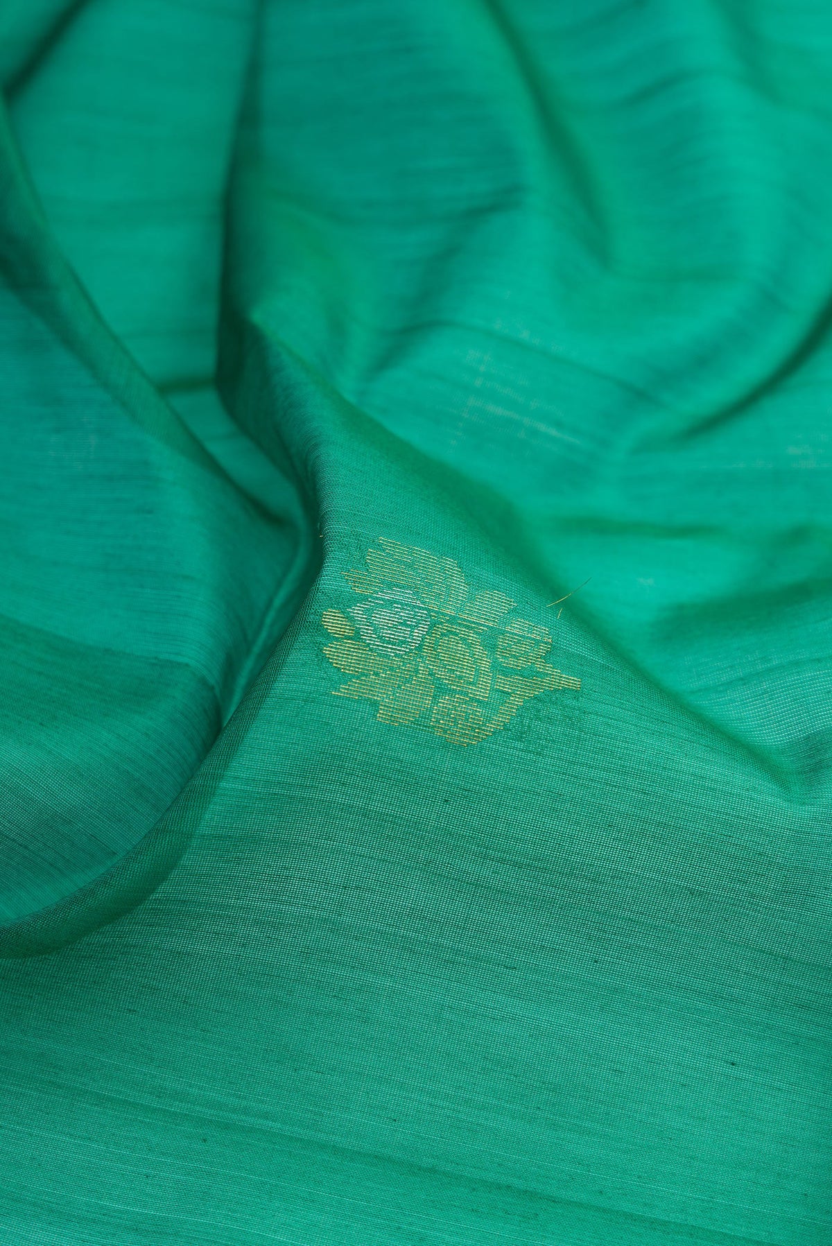 Close up of Green Silk Cotton Saree with Zari Butta on the body and Zari Border.  displaying folds