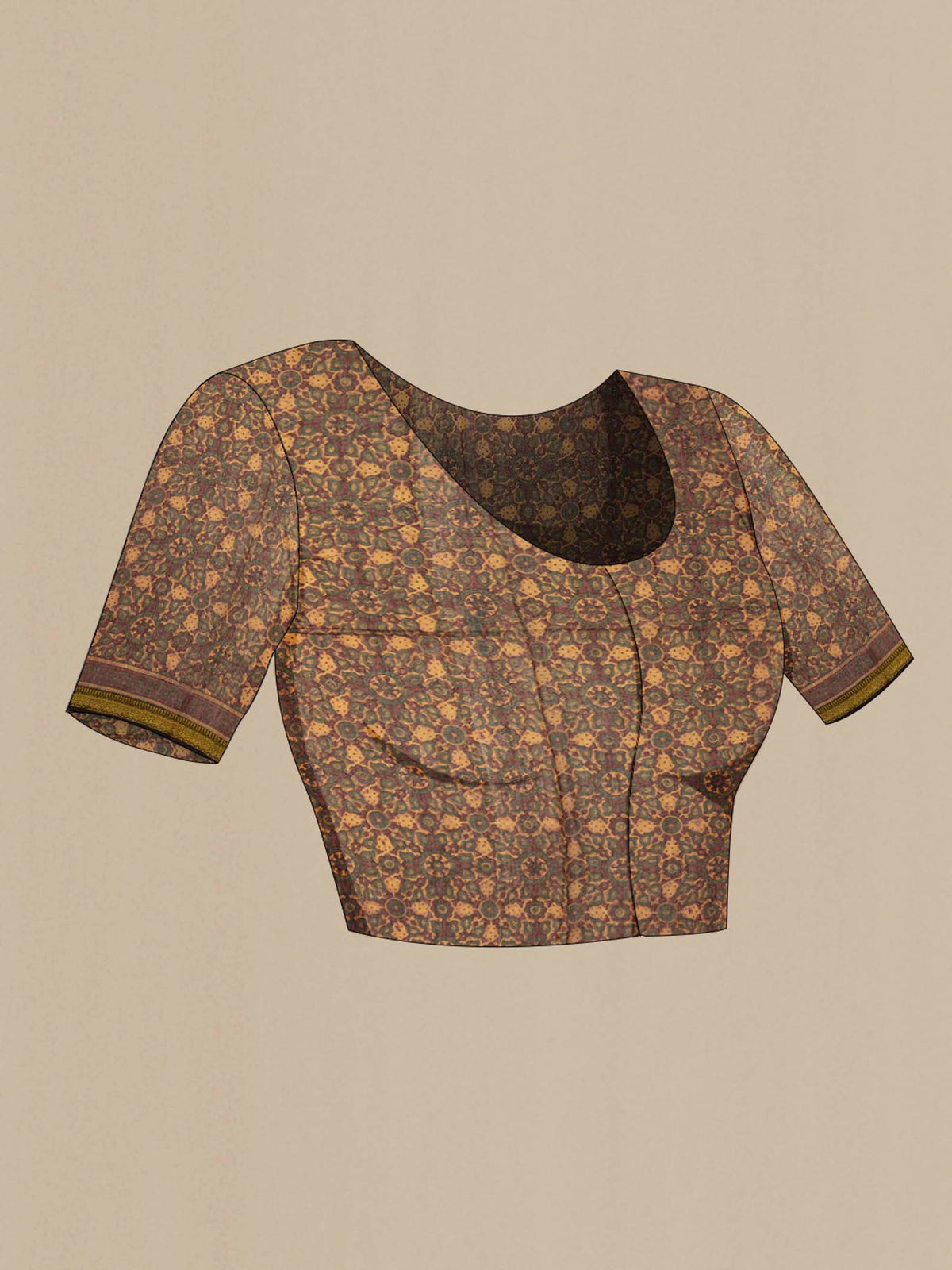 Close up image of the blouse of Rust Chanderi Silk Cotton SareePrinted design on the body and Zari Border