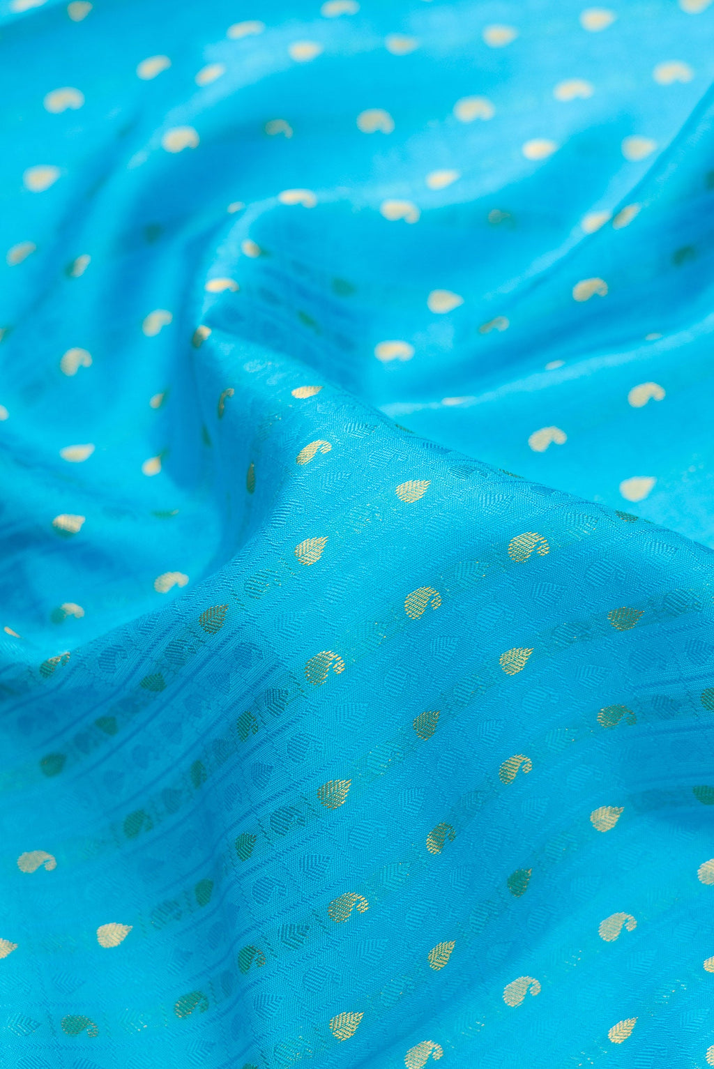Close up of Sky Blue Dual Tone Kanjivaram Silk Saree with Jacquard With Zari Butta on the body and Fancy Border.  displaying folds