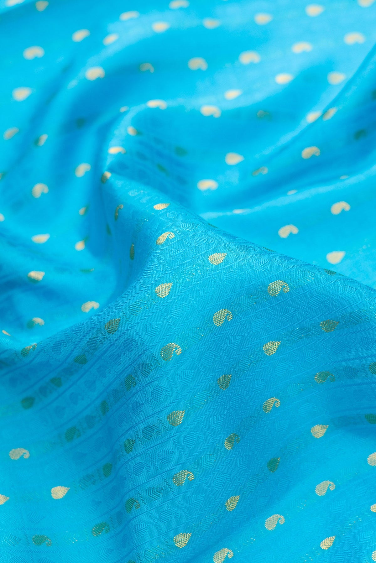 Close up of Sky Blue Dual Tone Kanjivaram Silk Saree with Jacquard With Zari Butta on the body and Fancy Border.  displaying folds