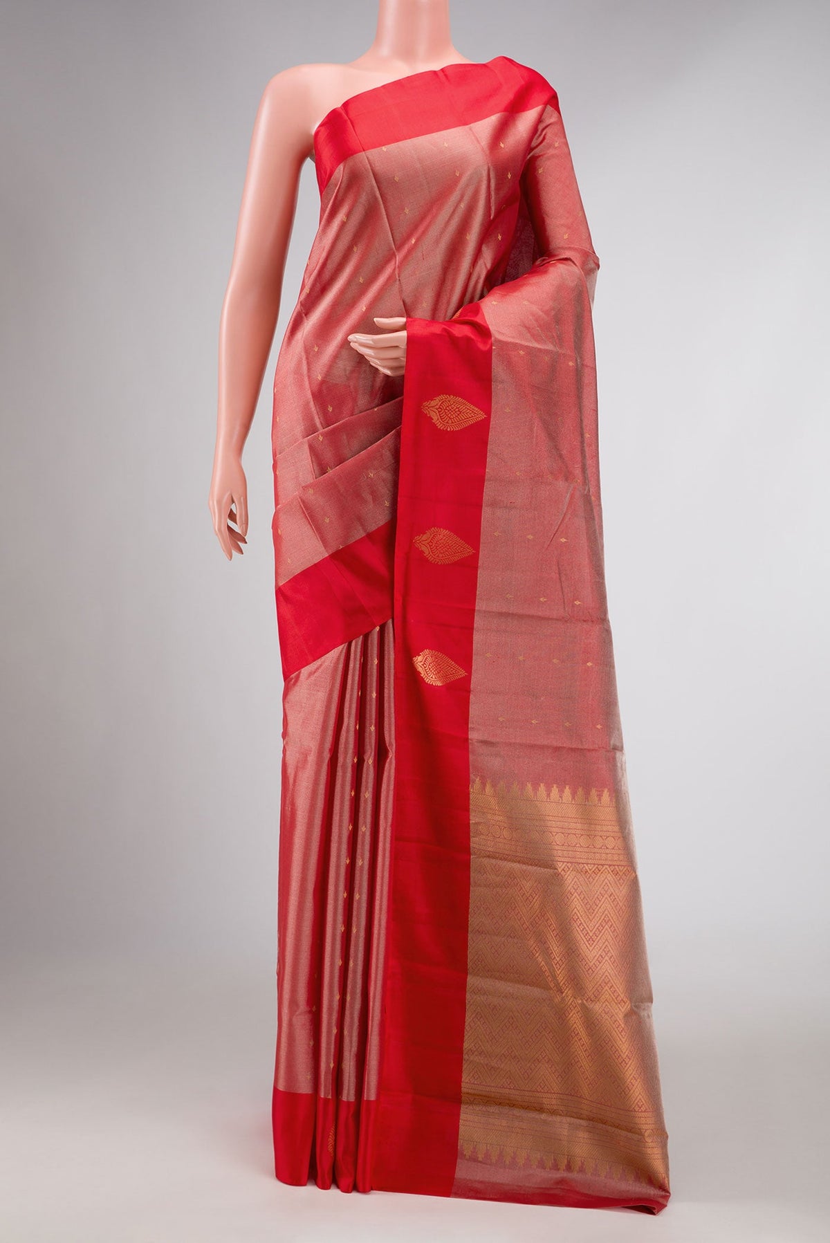 Red Dual Tone Kanchipuram Tissue Silk Saree with Zari Brocade on the body and Plain Border displayed on a mannequin
