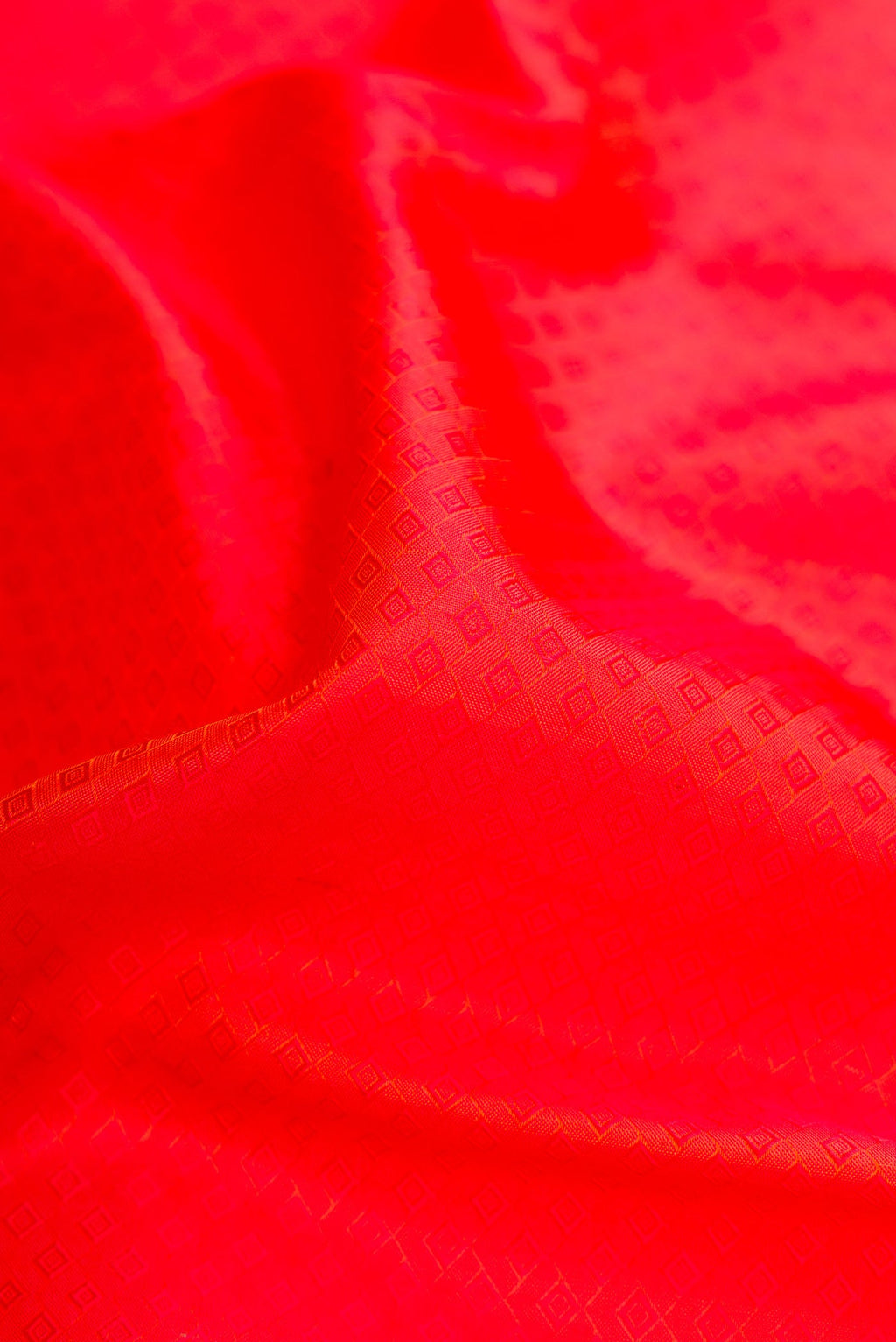 Close up of Orange Dual Tone Kanchipuram Silk Saree with Jacquard design on the body and Zari And Thread Border.  displaying folds