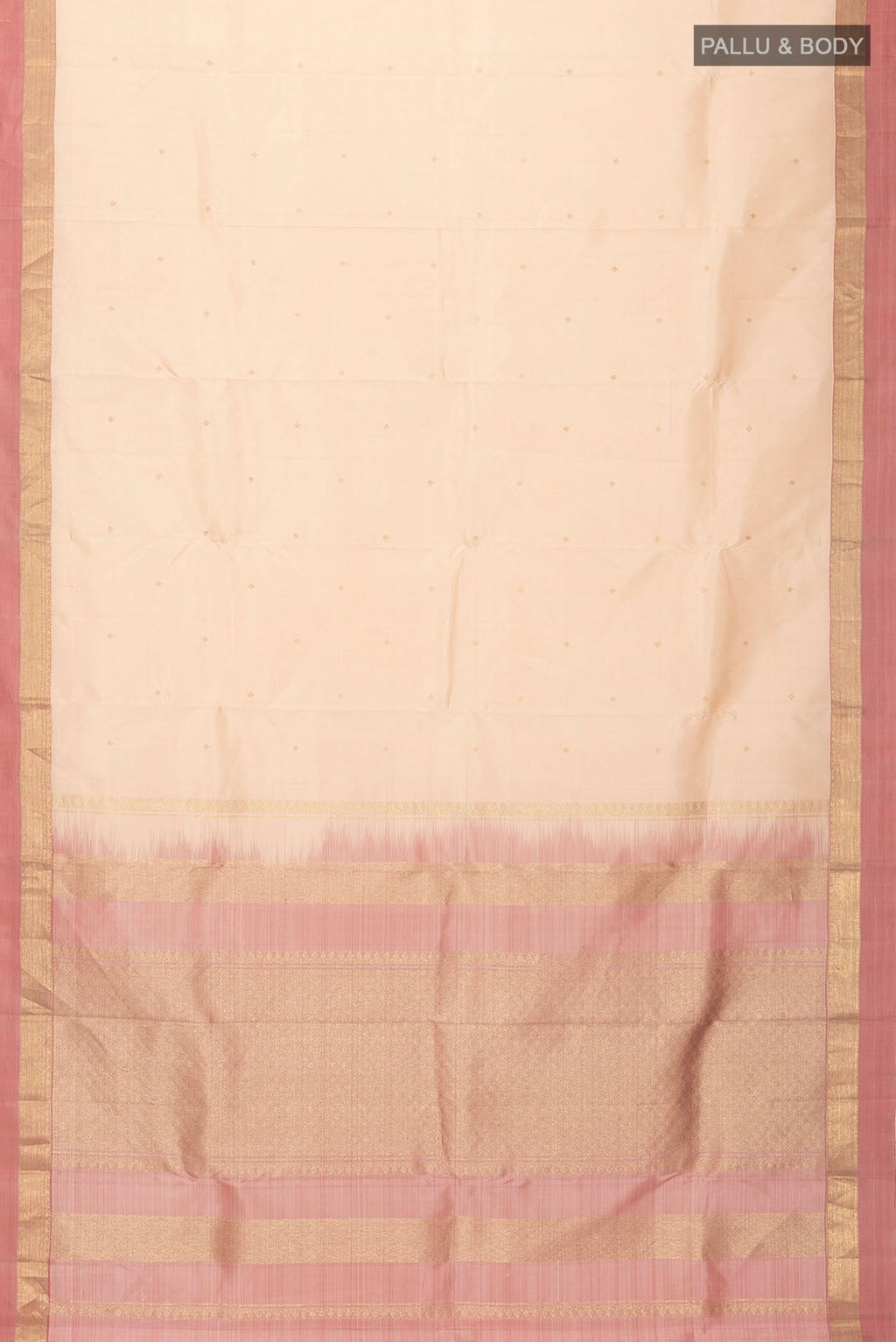 Flat view of Sandal Kanchipuram Silk Saree with Zari Butta on the body and Zari Border