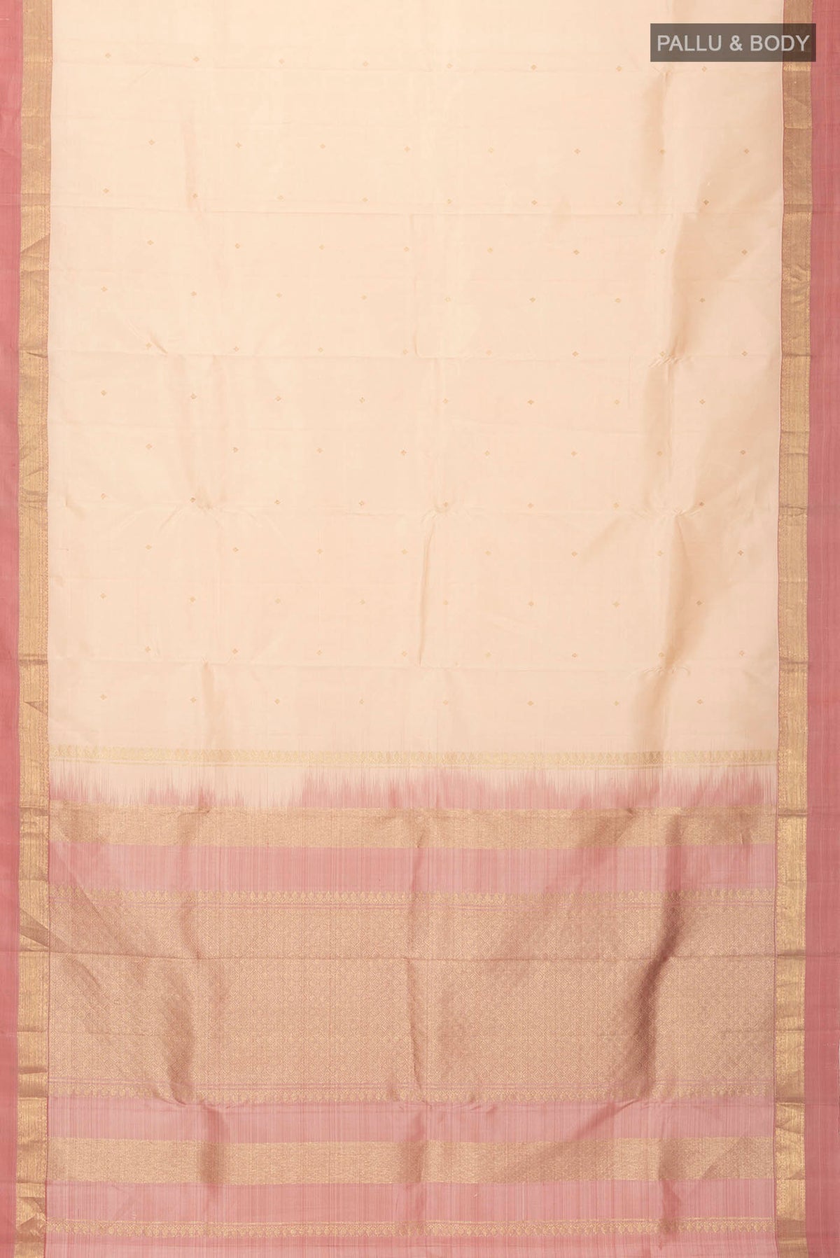 Flat view of Sandal Kanchipuram Silk Saree with Zari Butta on the body and Zari Border
