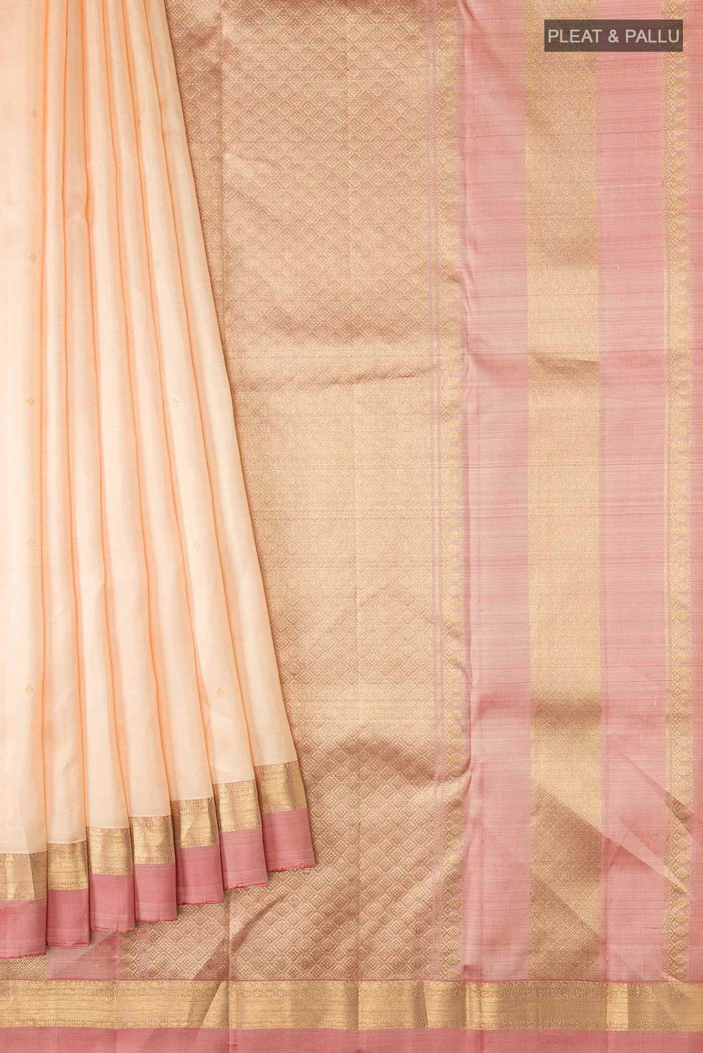 Pleats and pallu of Sandal Kanchipuram Silk Saree with Zari Butta on the body and Zari Border