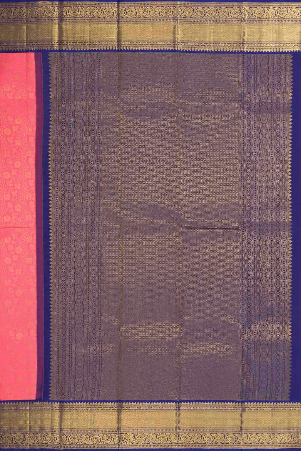 Close up image of the pallu of Pink Dual Tone Kanchipuram Silk Saree with Zari Brocade on the body and Zari Border
