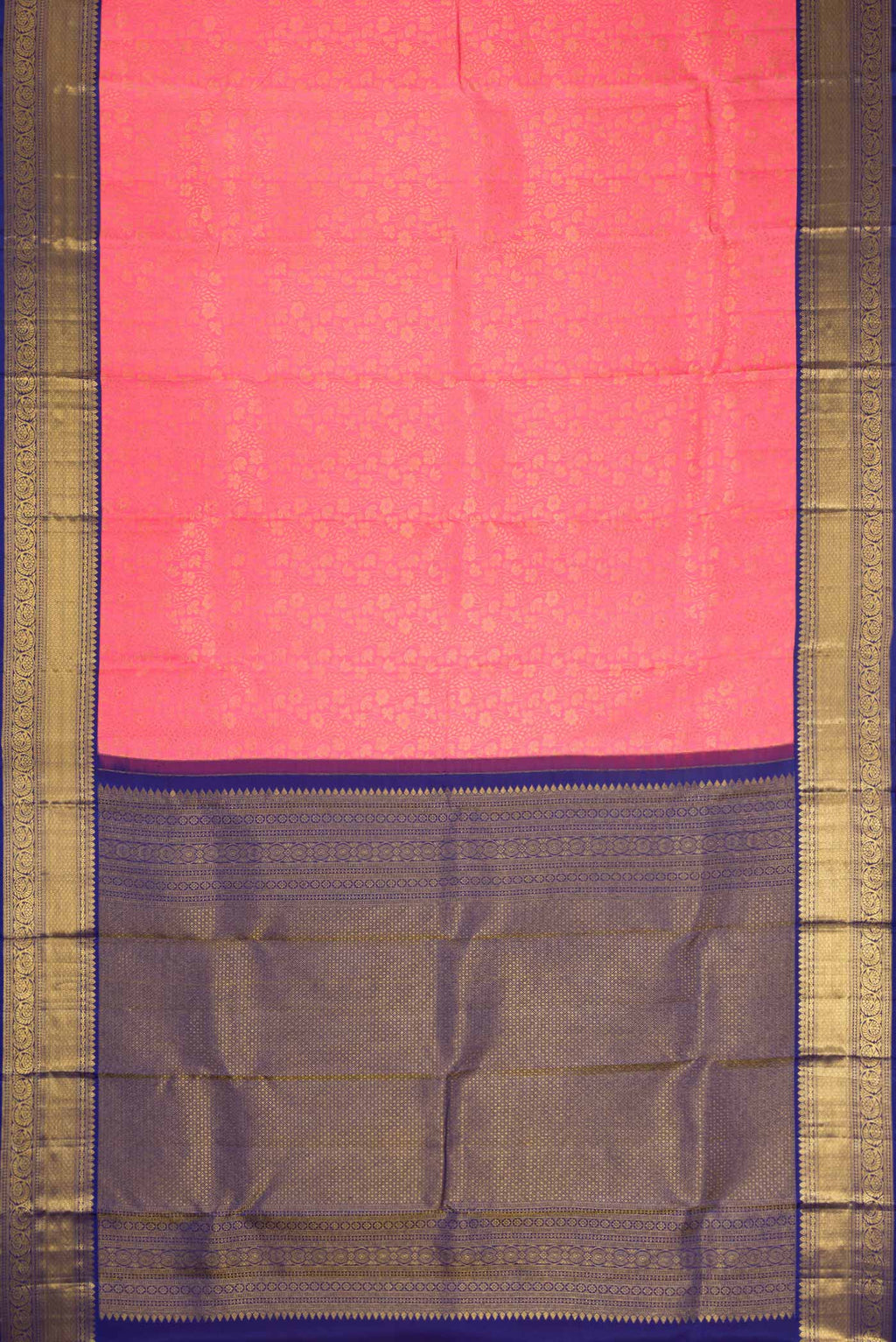 Flat view of Pink Dual Tone Kanchipuram Silk Saree with Zari Brocade on the body and Zari Border