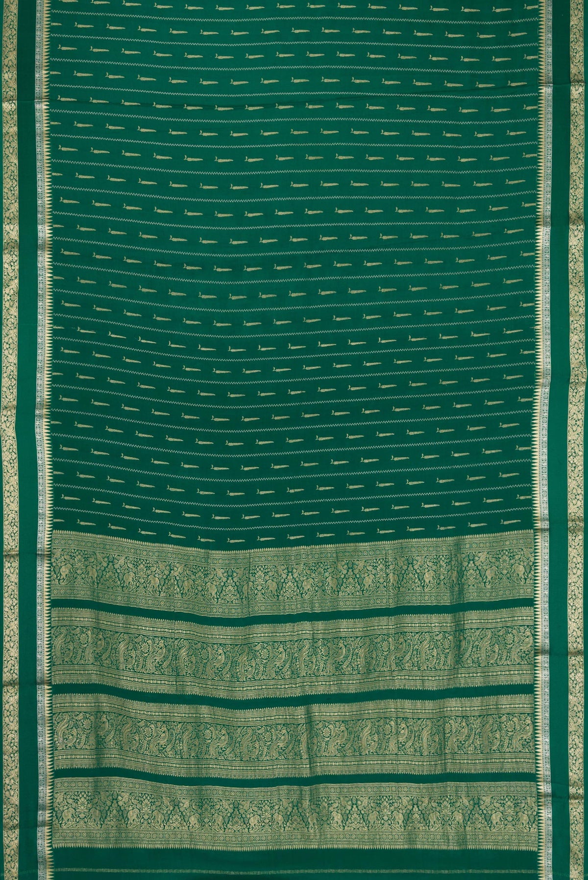 Flat view of Bottle Green Dual Tone Mysore Silk Saree with Zari Butta on the body and Zari And Thread Border. 