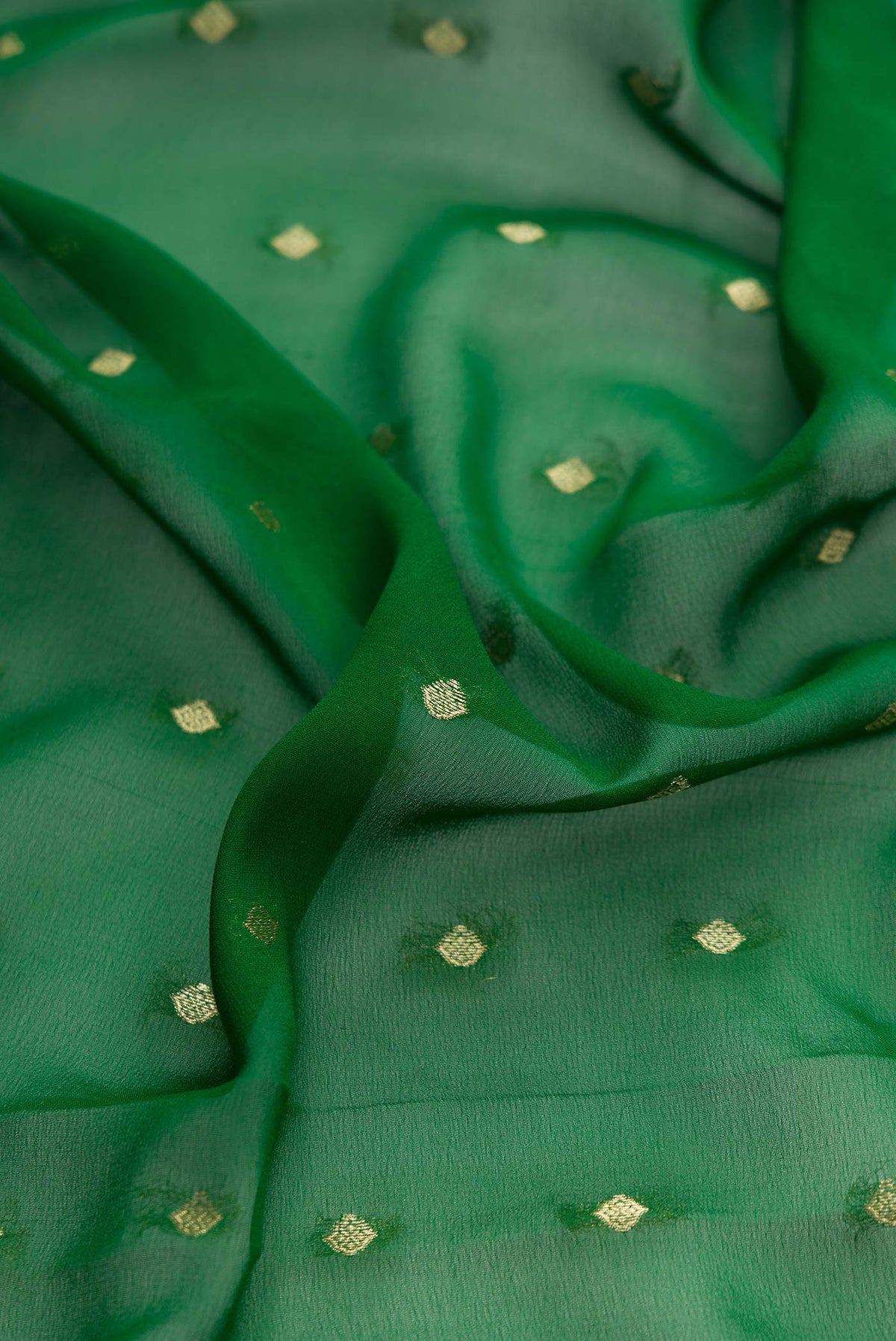 Close up of Green Dual Tone Mysore Georgette Saree with Zari Butta on the body and Zari Border displaying folds