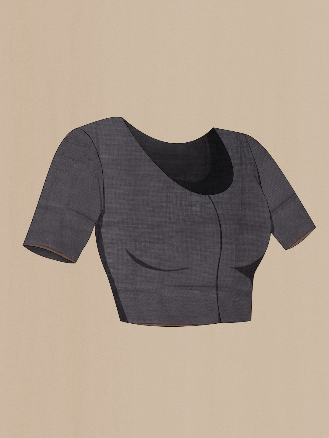 Close up image of the blouse of Black Kota Cotton SareePrinted design on the body and Zari Border