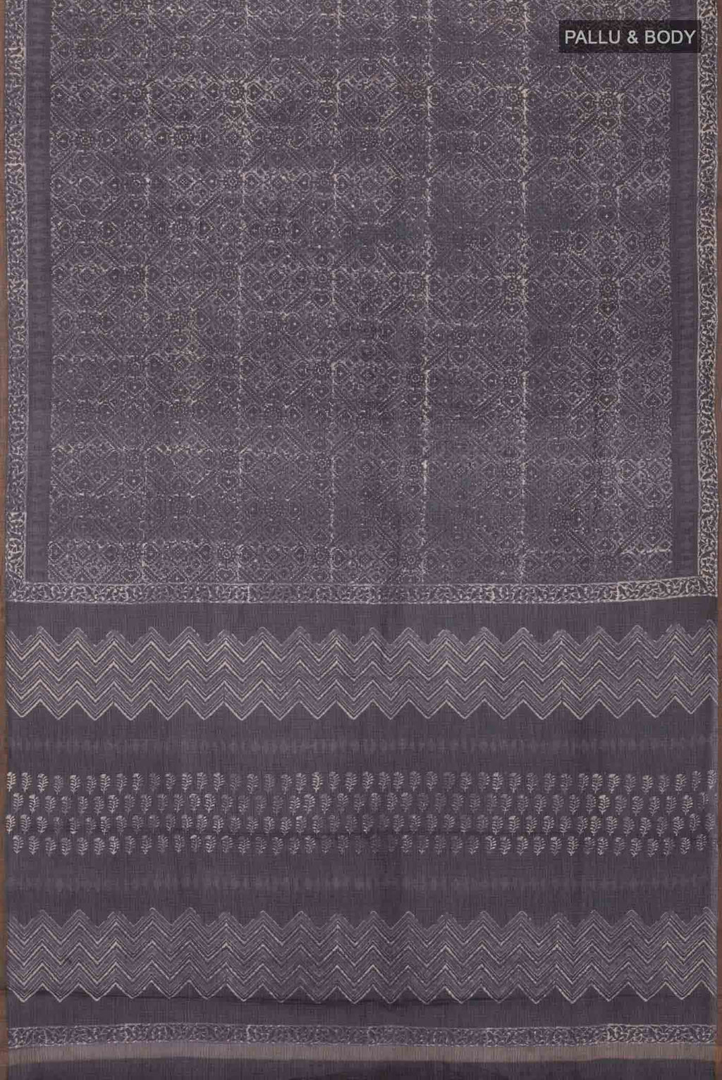 Flat view of Black Kota Cotton SareePrinted design on the body and Zari Border