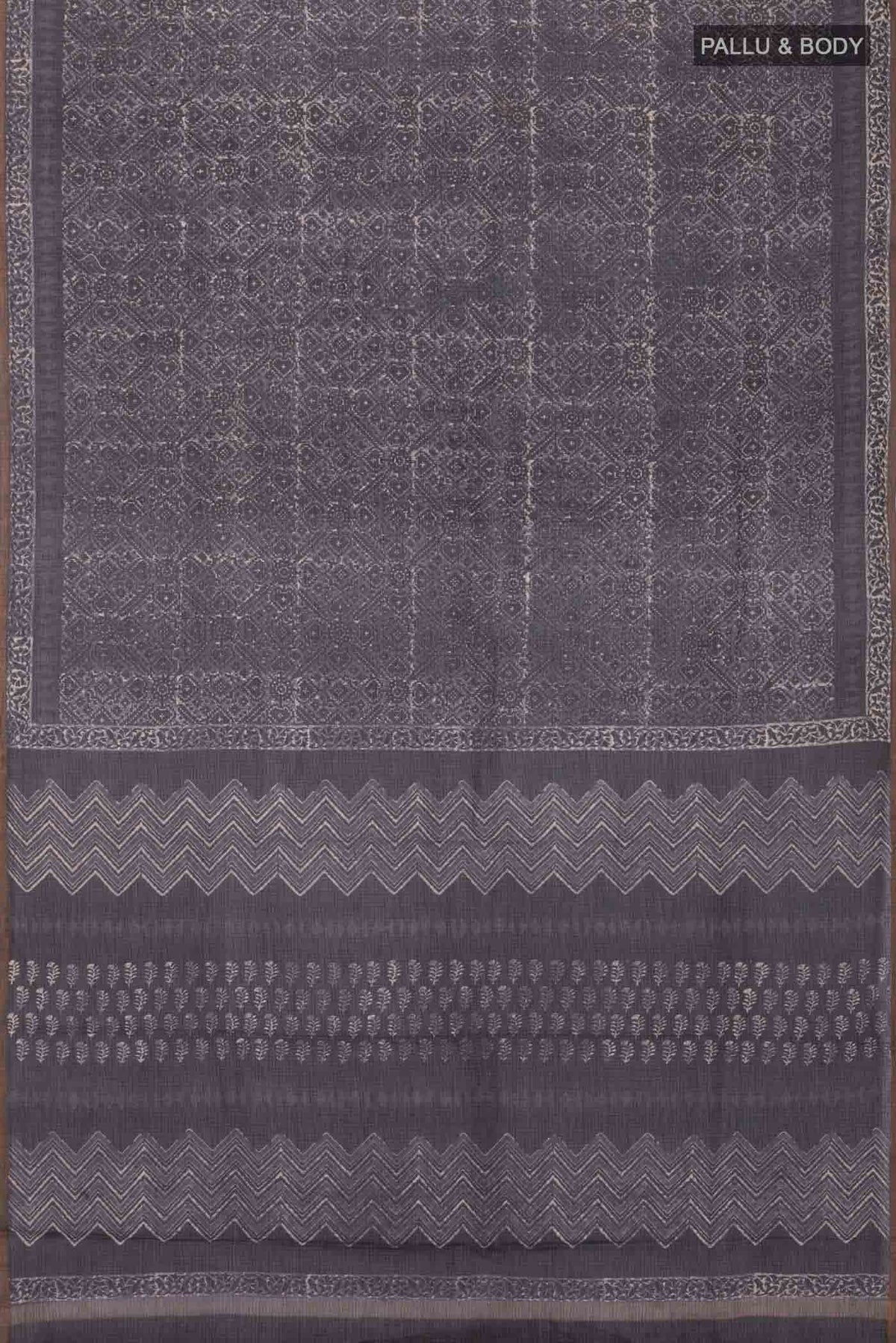 Flat view of Black Kota Cotton SareePrinted design on the body and Zari Border