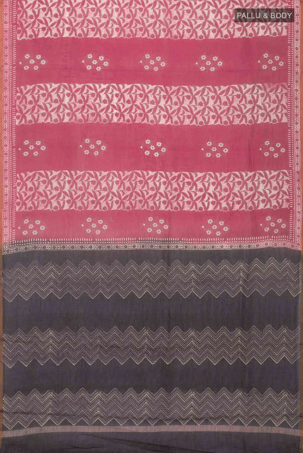 Flat view of Rust Kota Cotton SareePrinted design on the body and Zari Border