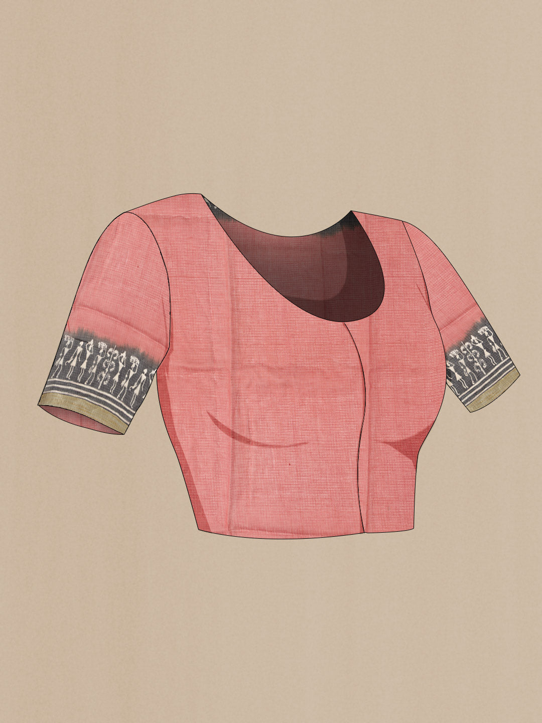 Close up image of the blouse of Coral Kota Cotton SareePrinted design on the body and Plain Border