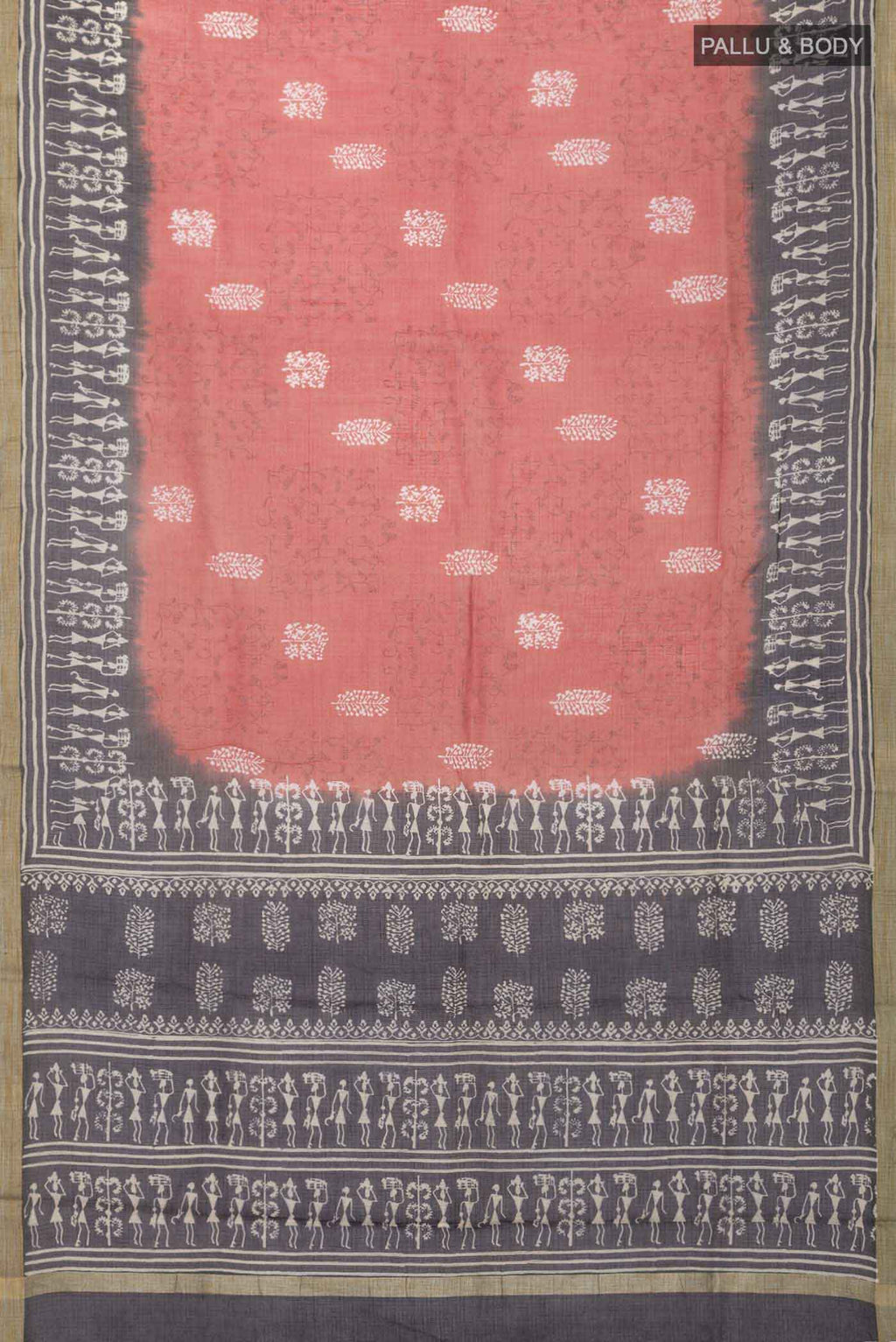 Flat view of Coral Kota Cotton SareePrinted design on the body and Plain Border