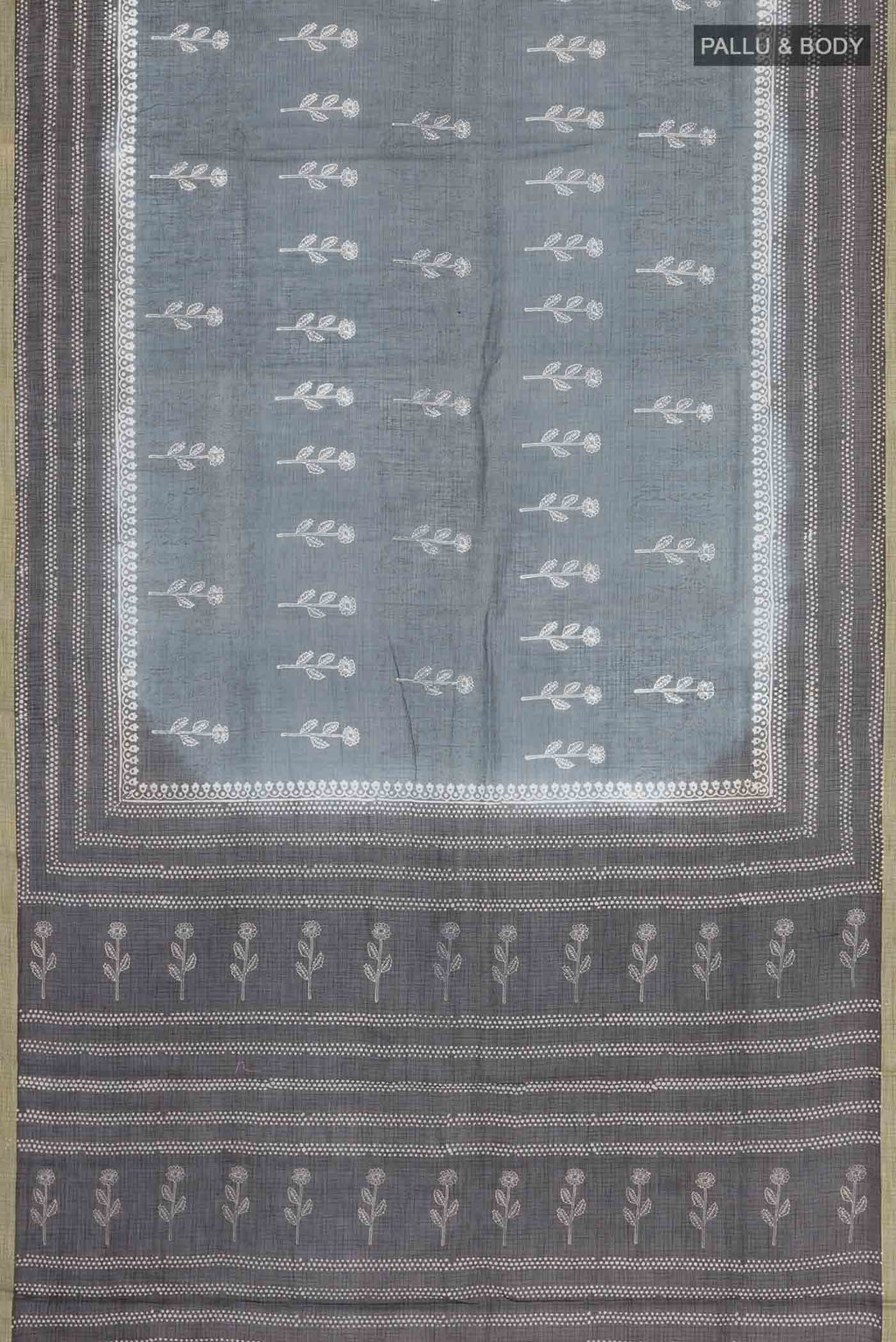 Flat view of Grey Kota Cotton SareePrinted design on the body and Plain Border