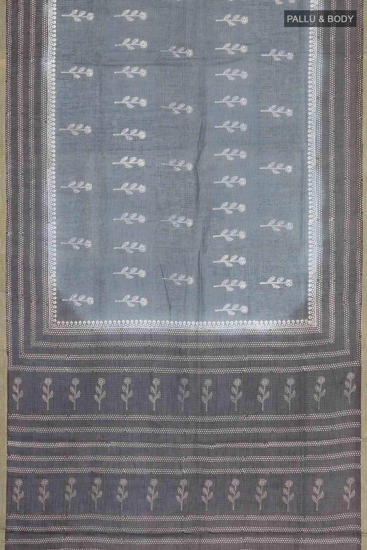 Flat view of Grey Kota Cotton SareePrinted design on the body and Plain Border