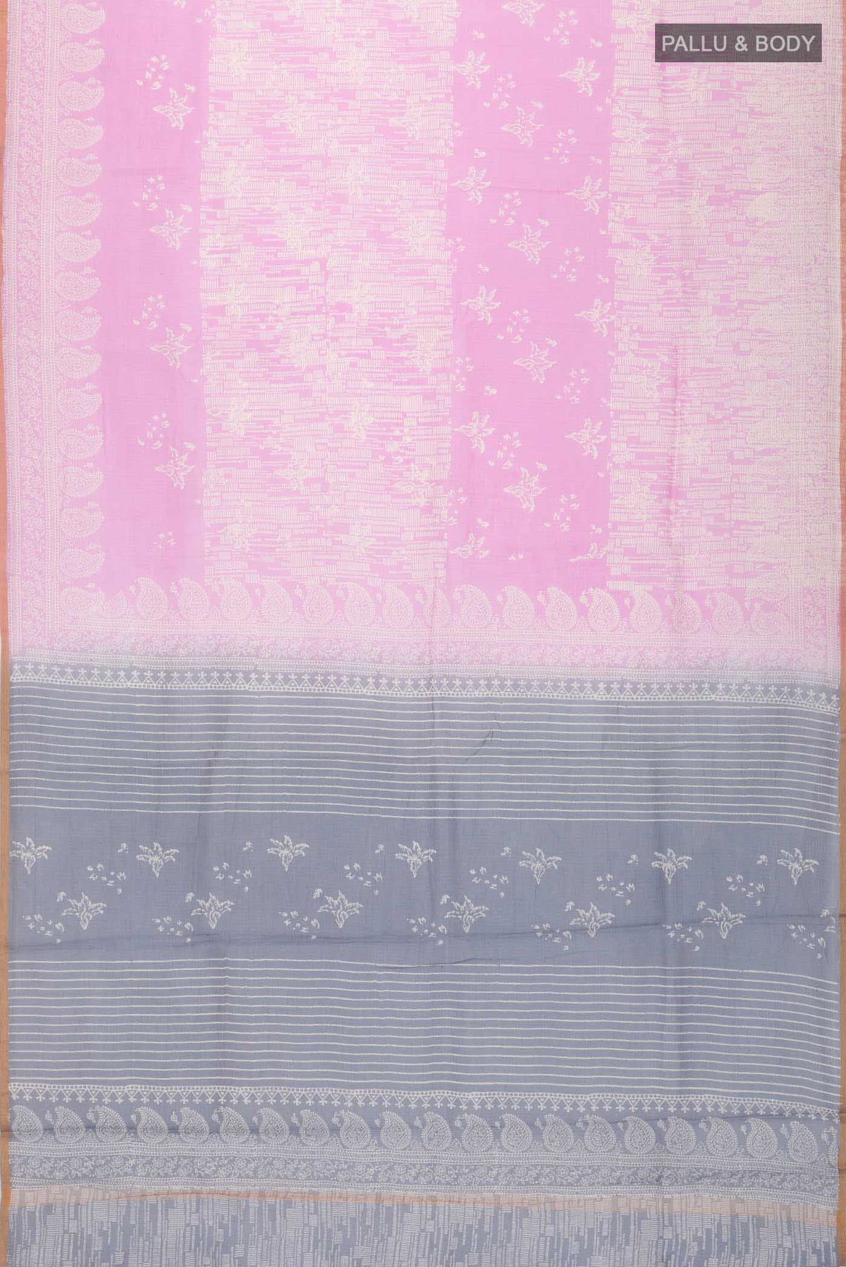 Flat view of Pink Kota Cotton SareePrinted design on the body and Zari Border