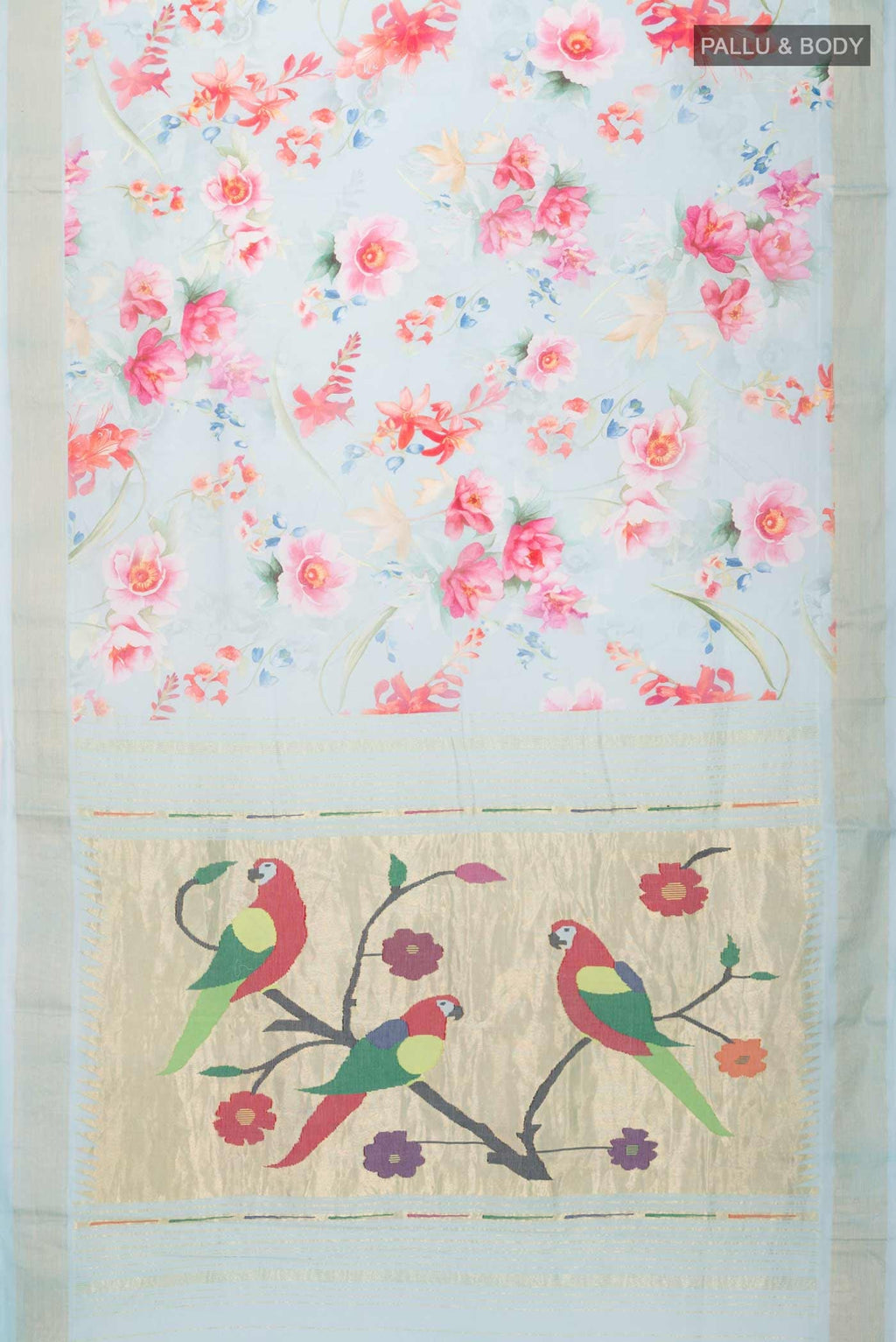 Flat view of Blue Paithani Cotton SareePrinted design on the body and Zari Border