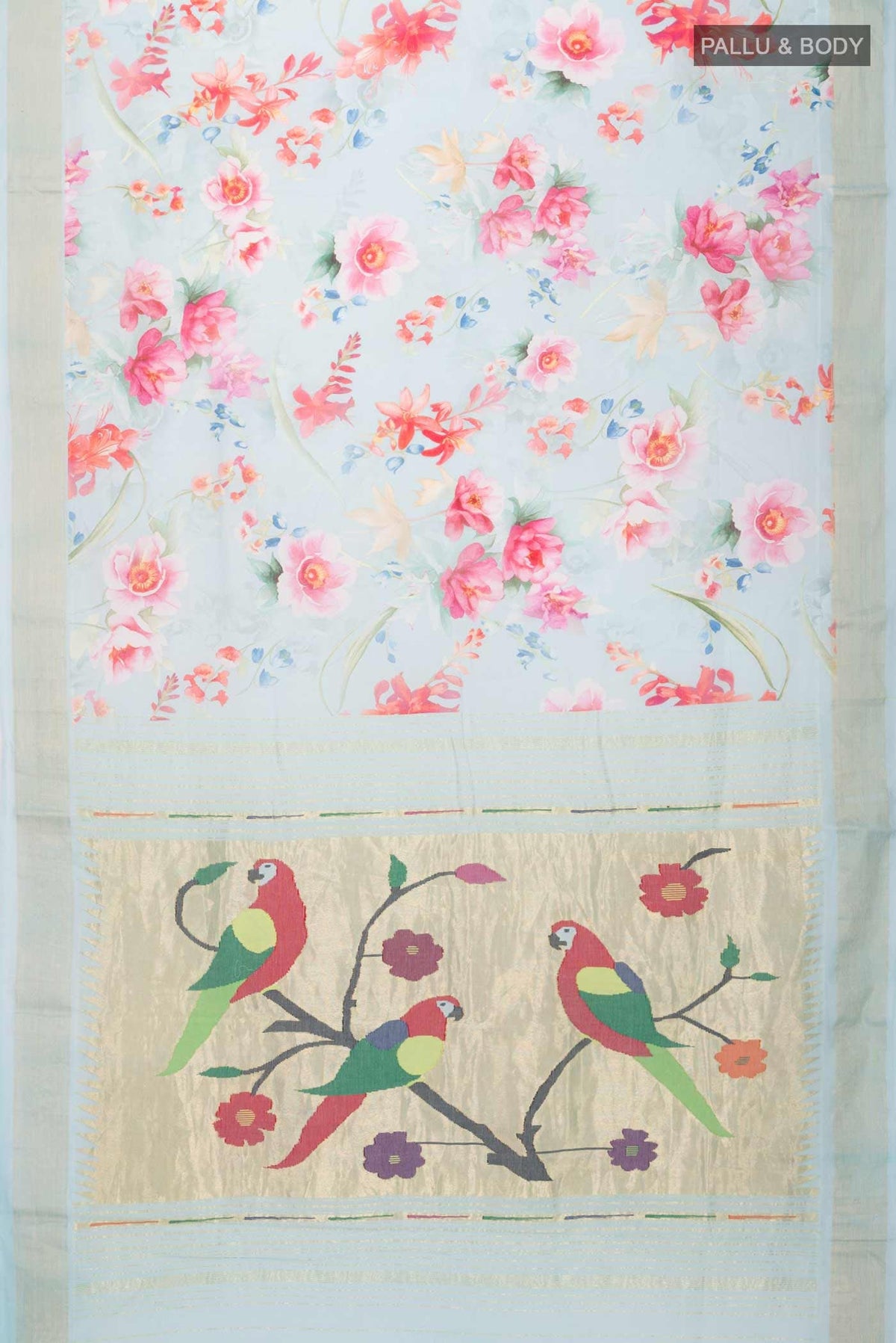 Flat view of Blue Paithani Cotton SareePrinted design on the body and Zari Border