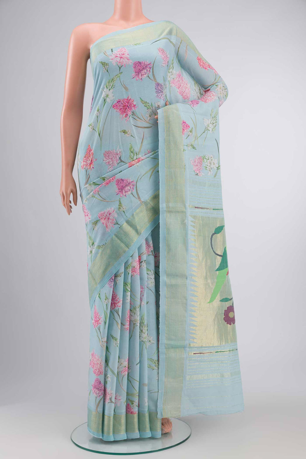 Blue Paithani Cotton SareePrinted design on the body and Zari Border displayed on a mannequin