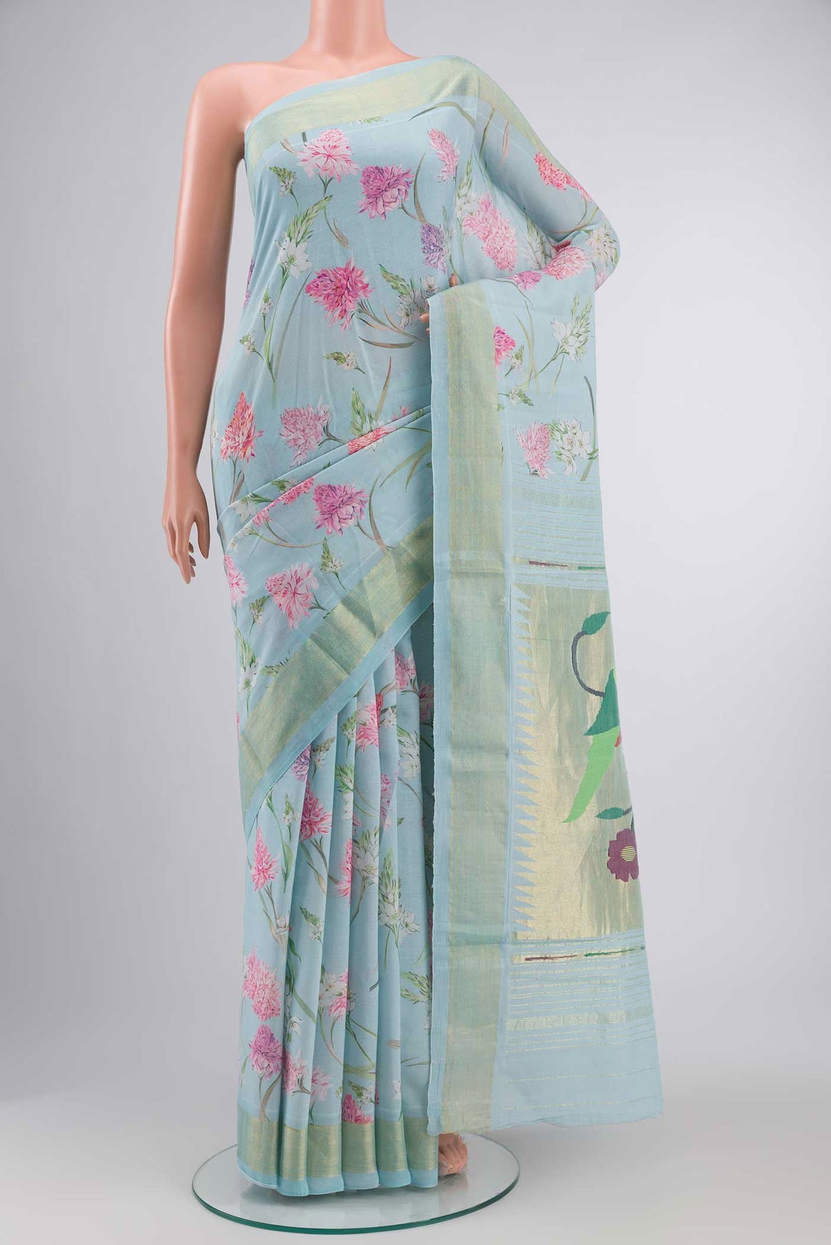 Blue Paithani Cotton SareePrinted design on the body and Zari Border displayed on a mannequin